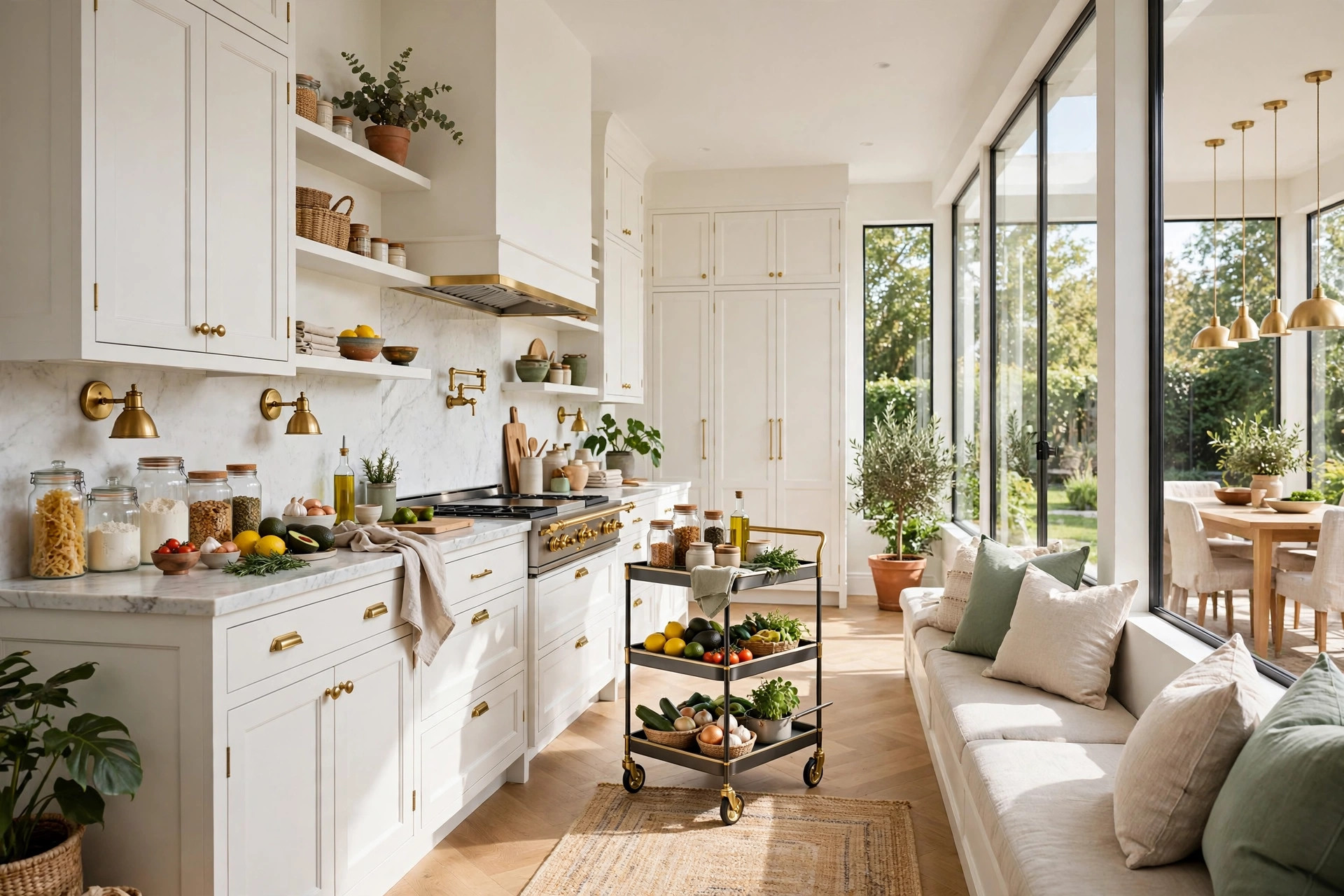 Bright modern kitchen with a slim rolling utility cart parked beside the counter, wide wall-to-wall view