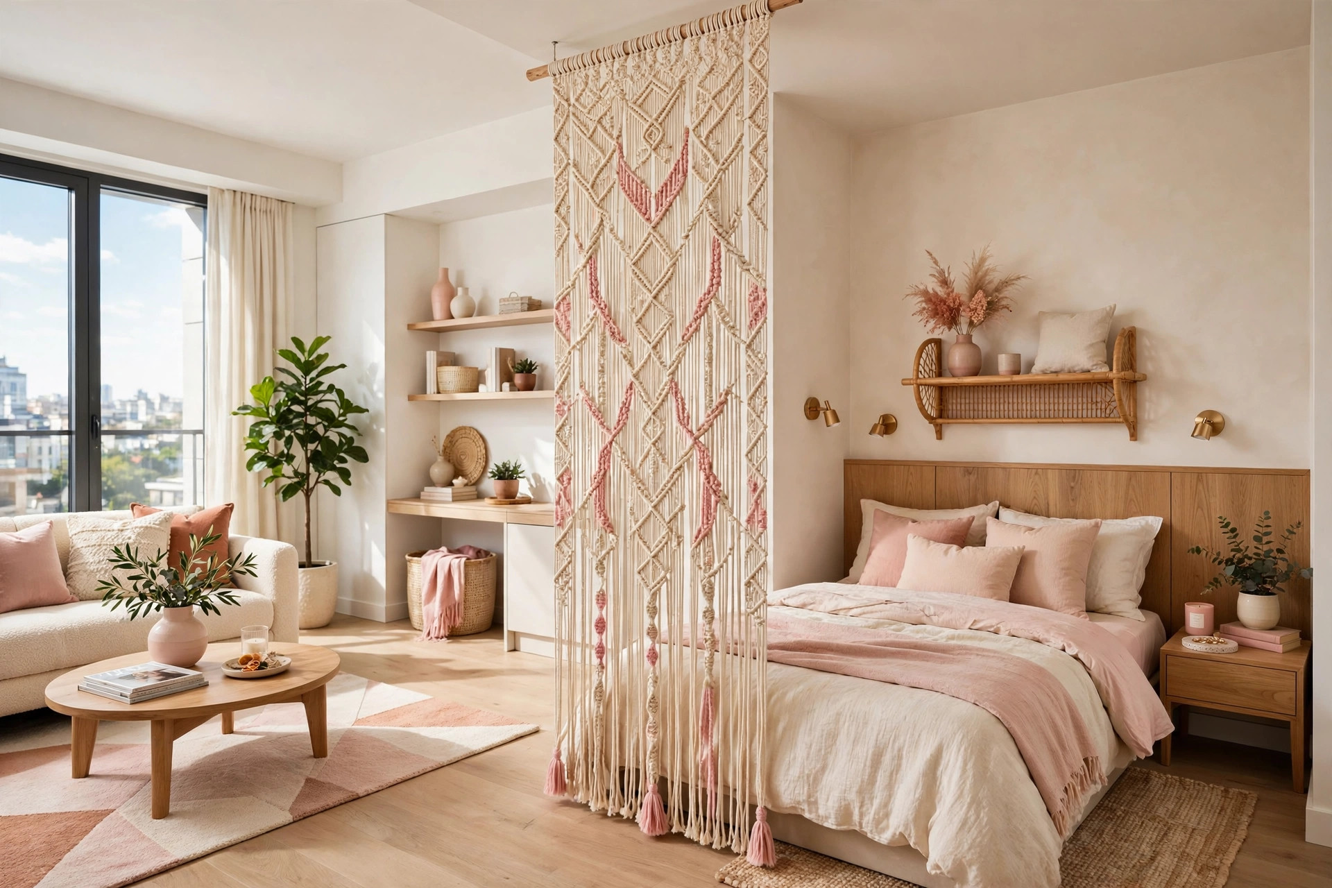 Boho small apartment doorway dressed with a hanging macrame curtain divider