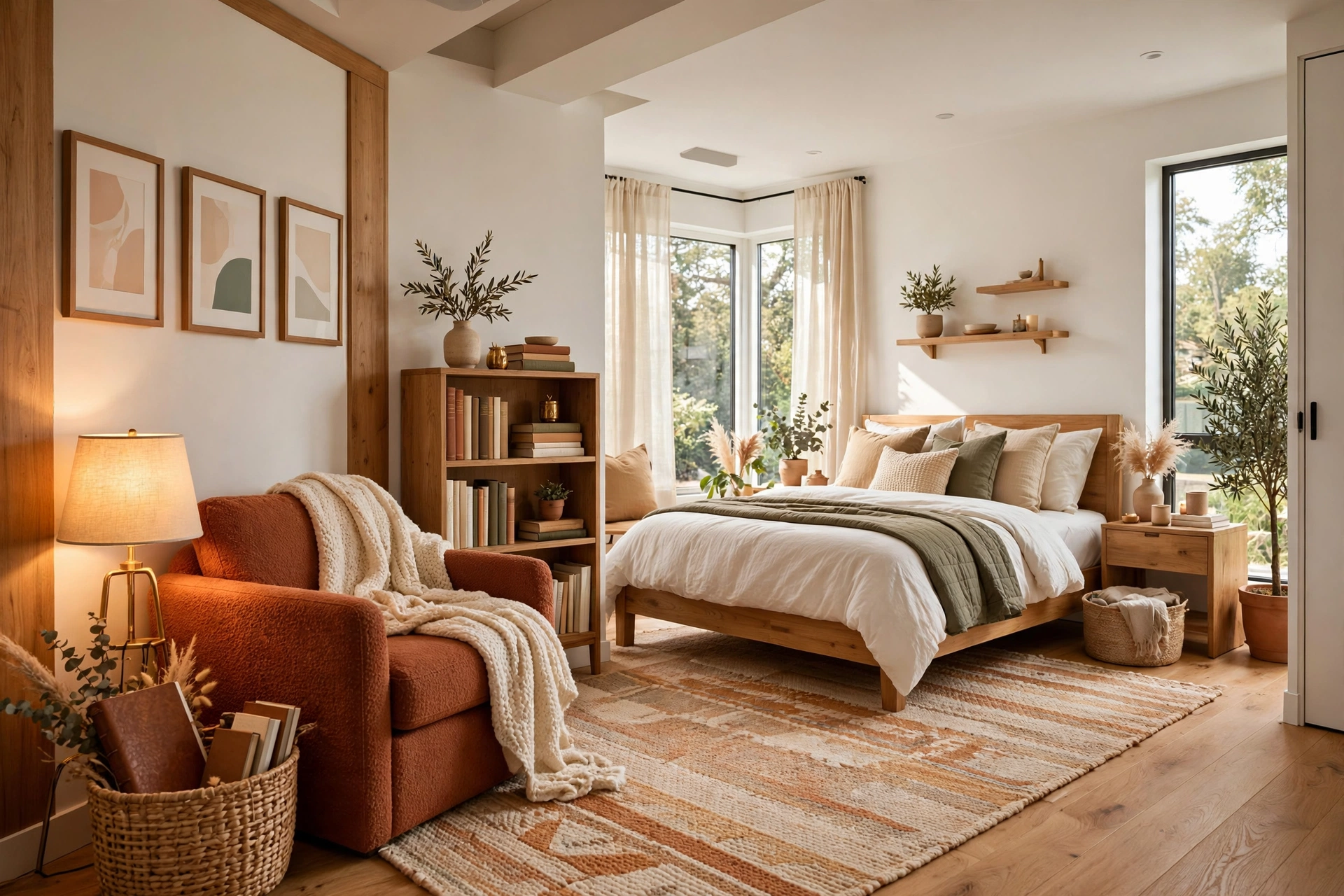 Cozy bedroom reading corner with a rust-colored armchair, warm floor lamp, throw blanket and small bookshelf