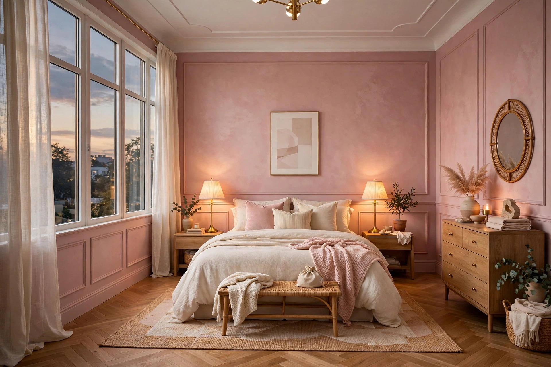 Blush pink bedroom with dusty rose walls, cream bedding, brass lamps, warm lamplight, entire room visible