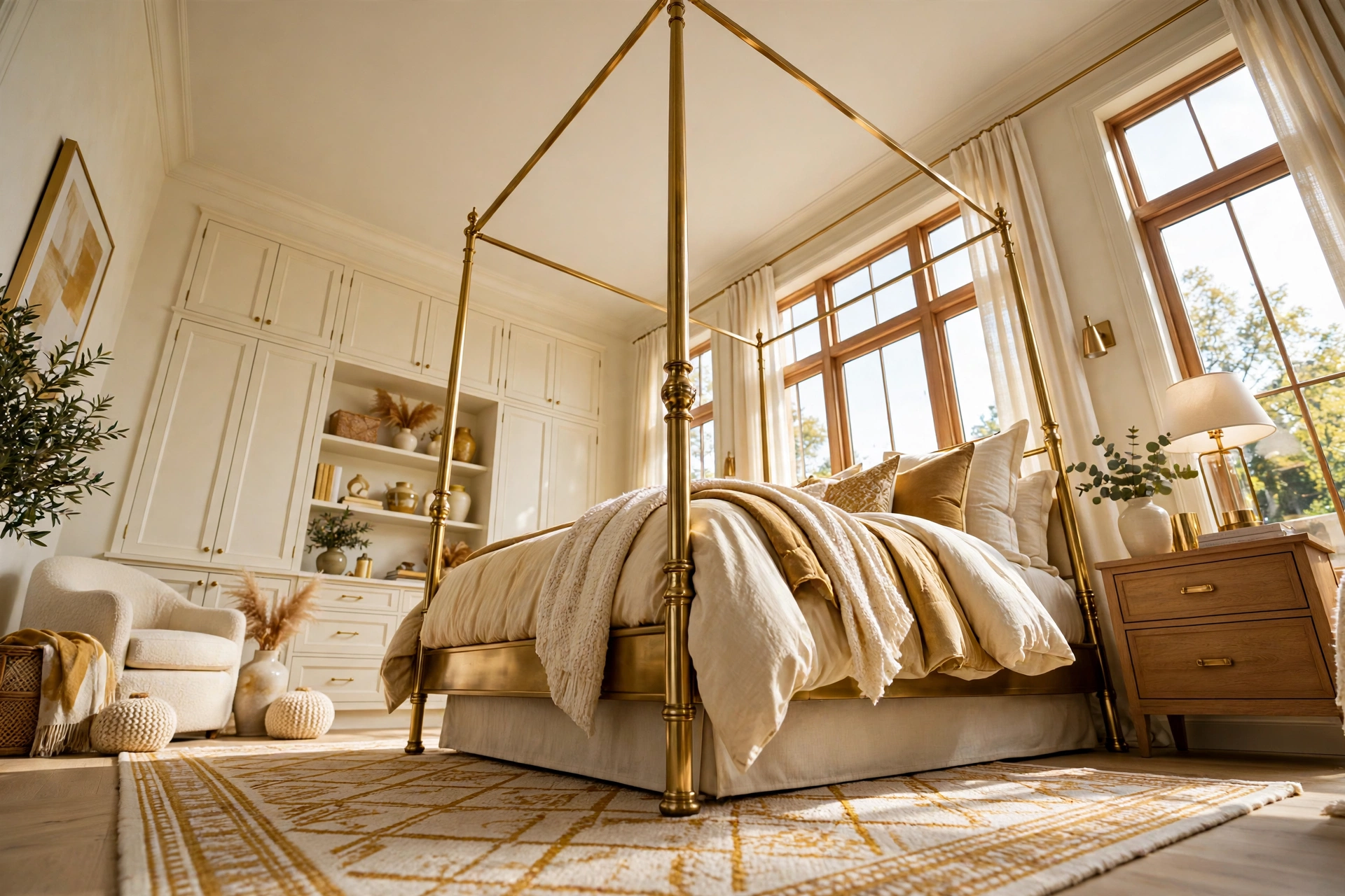 Bright bedroom with a tall traditional bed frame and box spring, high-profile layered bedding