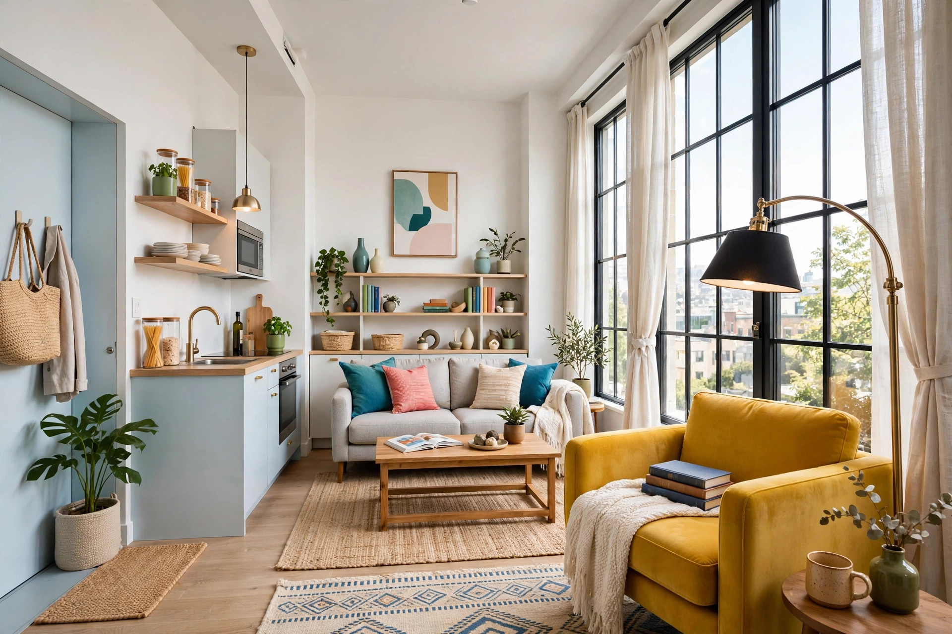 Cozy reading corner with armchair, side table, and books beside a large studio apartment window