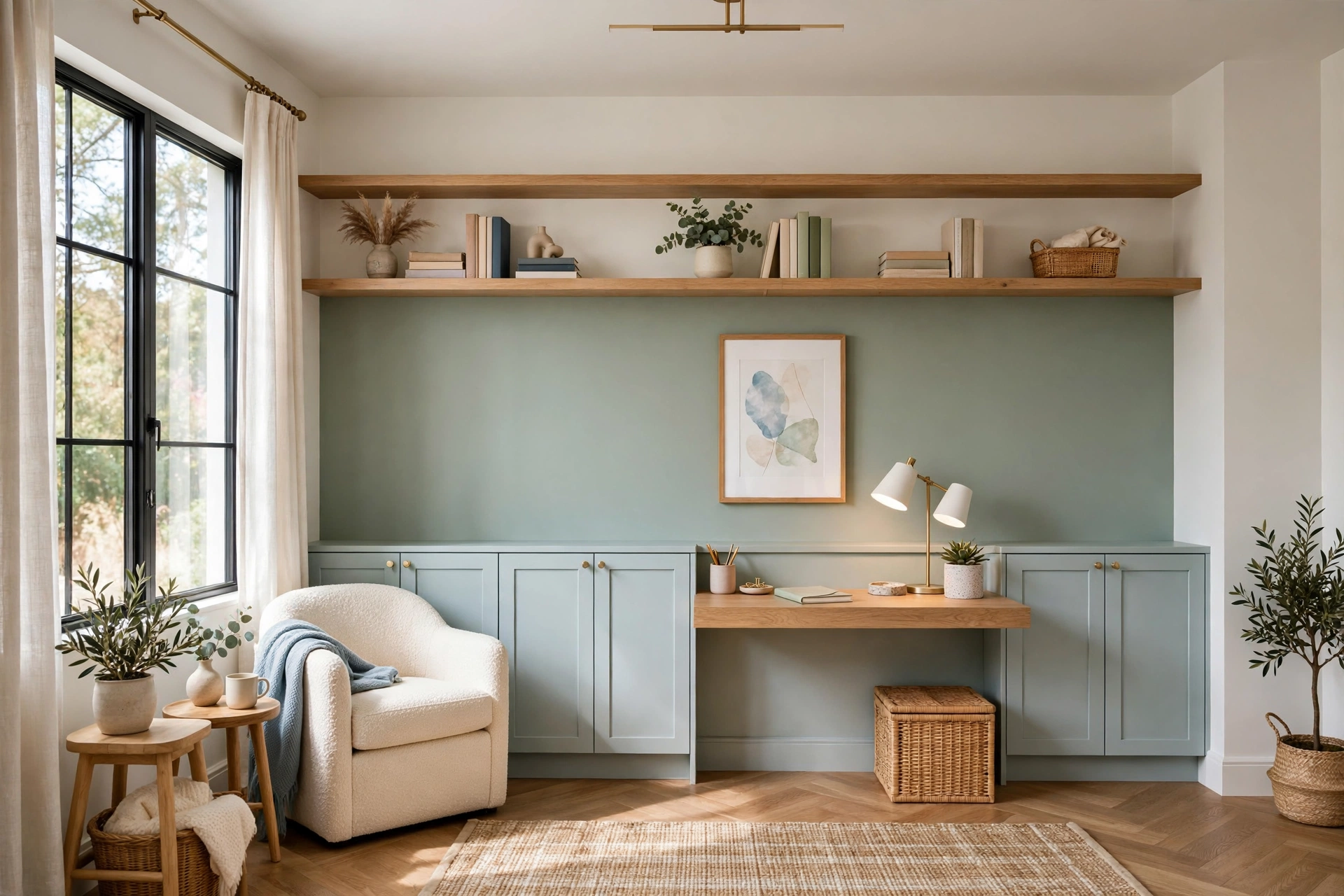 Calm small home office with a clear eye-level band, storage kept high on shelves and low in closed cabinets