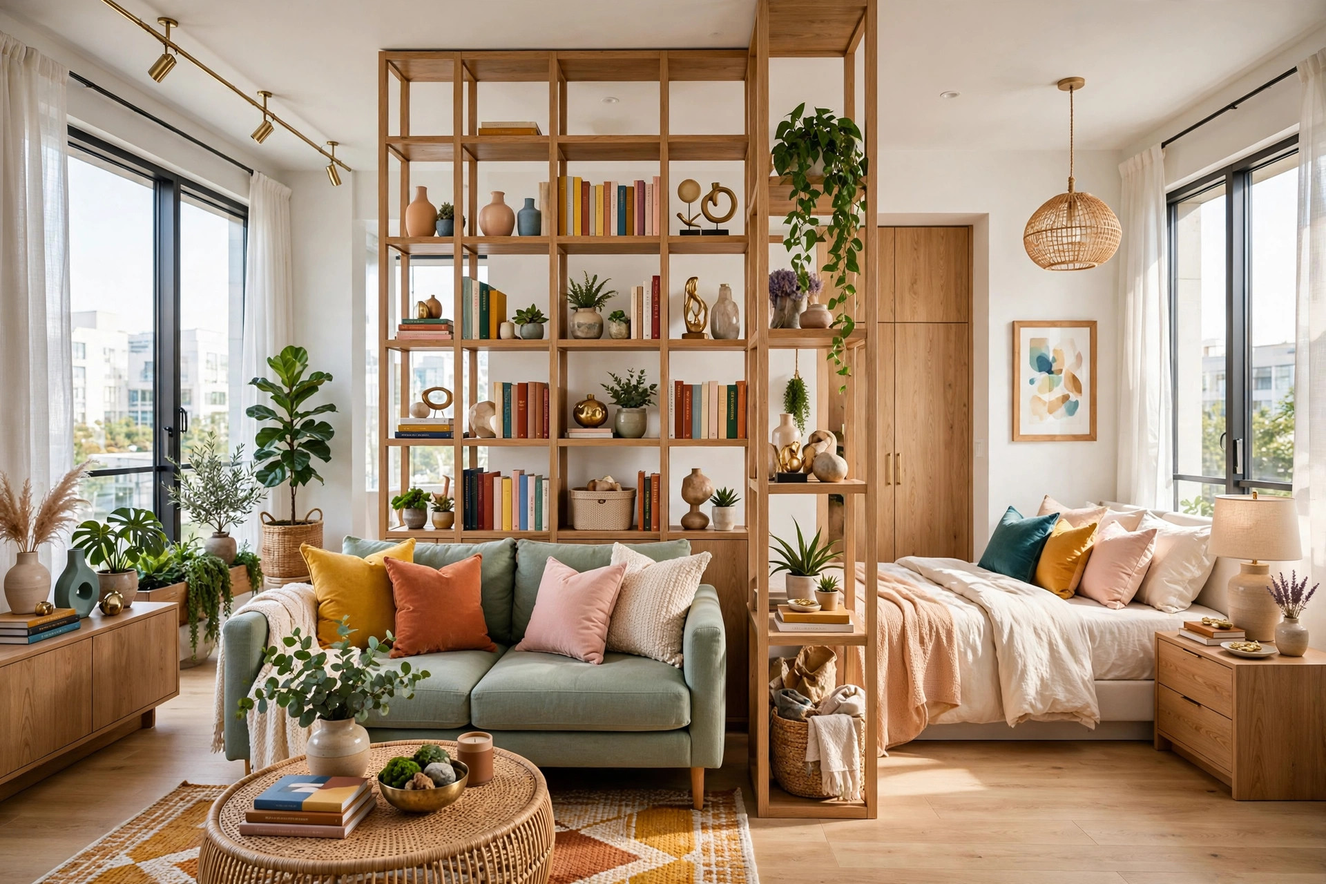Bright studio apartment with a tall open bookcase room divider separating living and sleeping zones, whole room visible