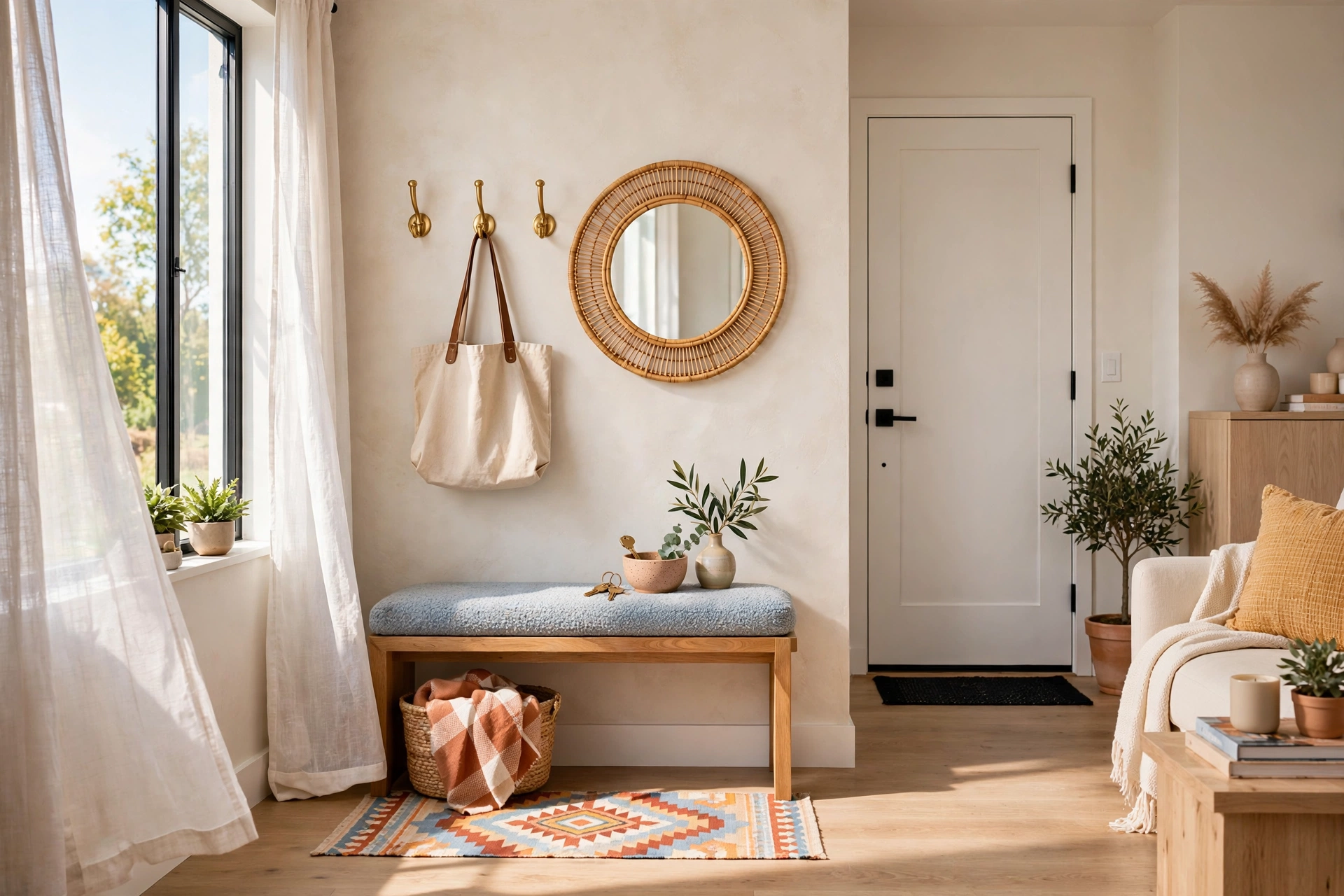 Small faux entryway in a studio apartment near the front door: narrow bench, wall hooks, round mirror and small rug, bright modern styling, whole area visible