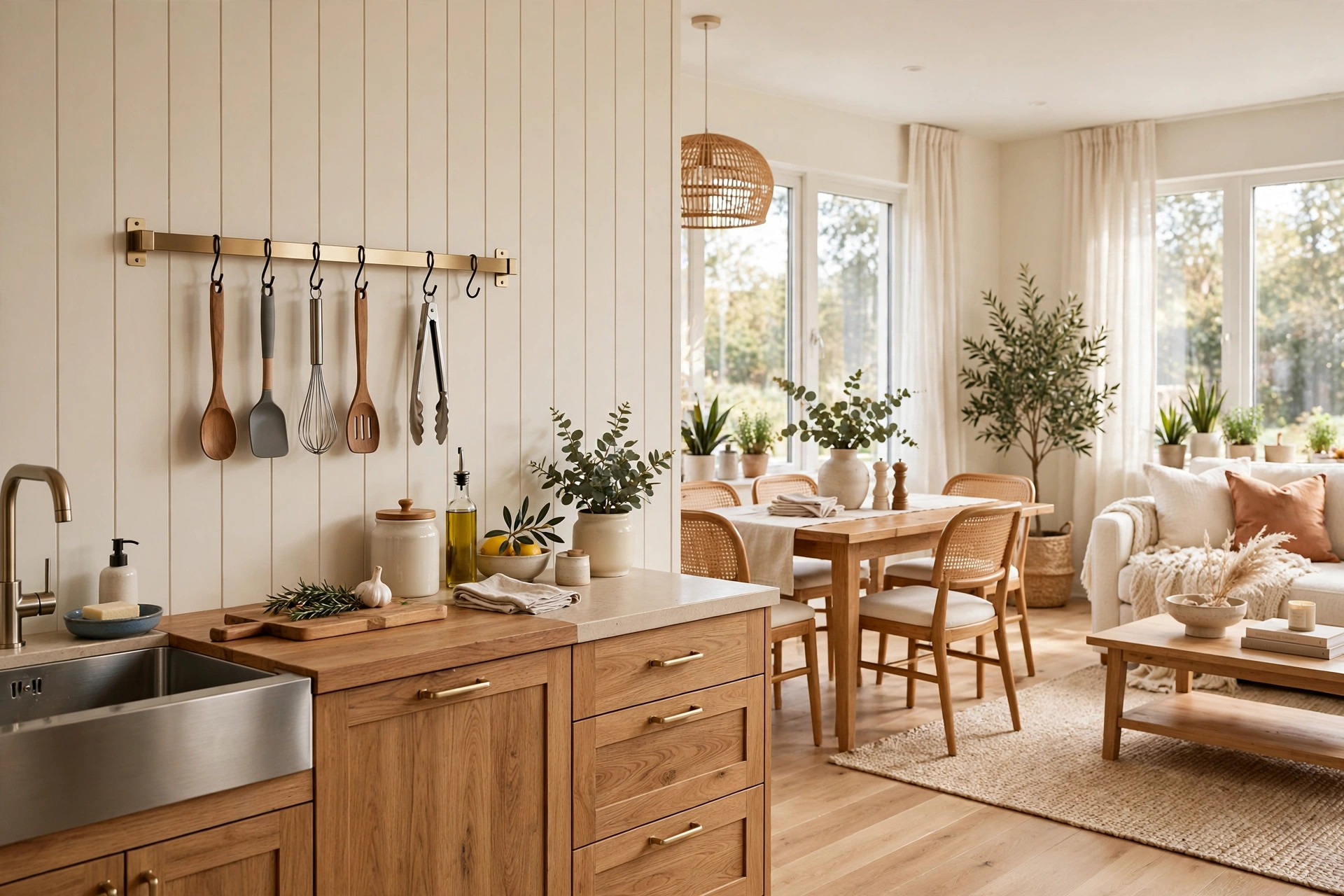 Bright kitchen wall with a peel-and-stick rail holding cooking utensils above the counter, wide wall-to-wall view