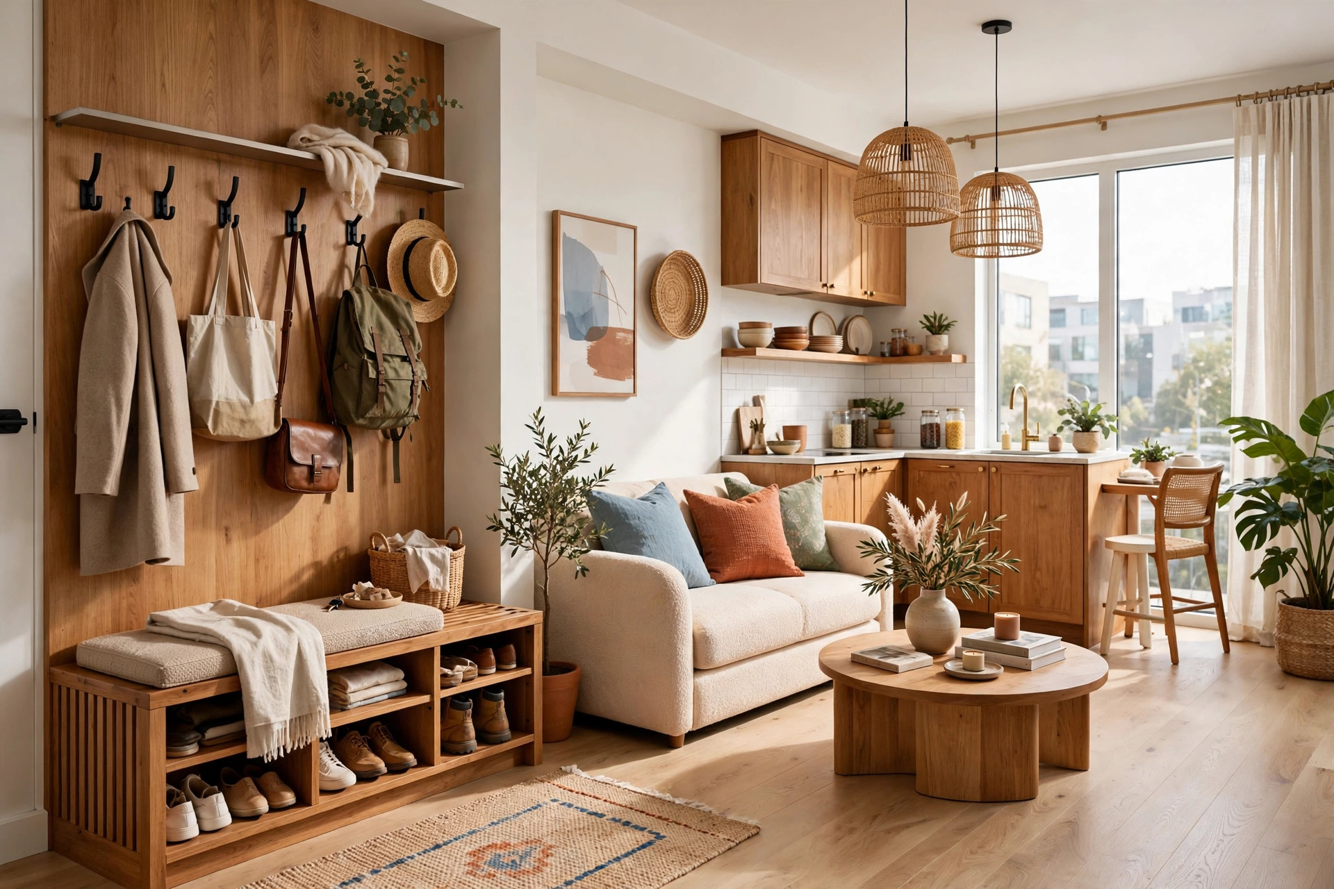 Bright studio apartment entryway with a storage bench, shoe cubbies, and wall hooks with bags, wide wall-to-wall view