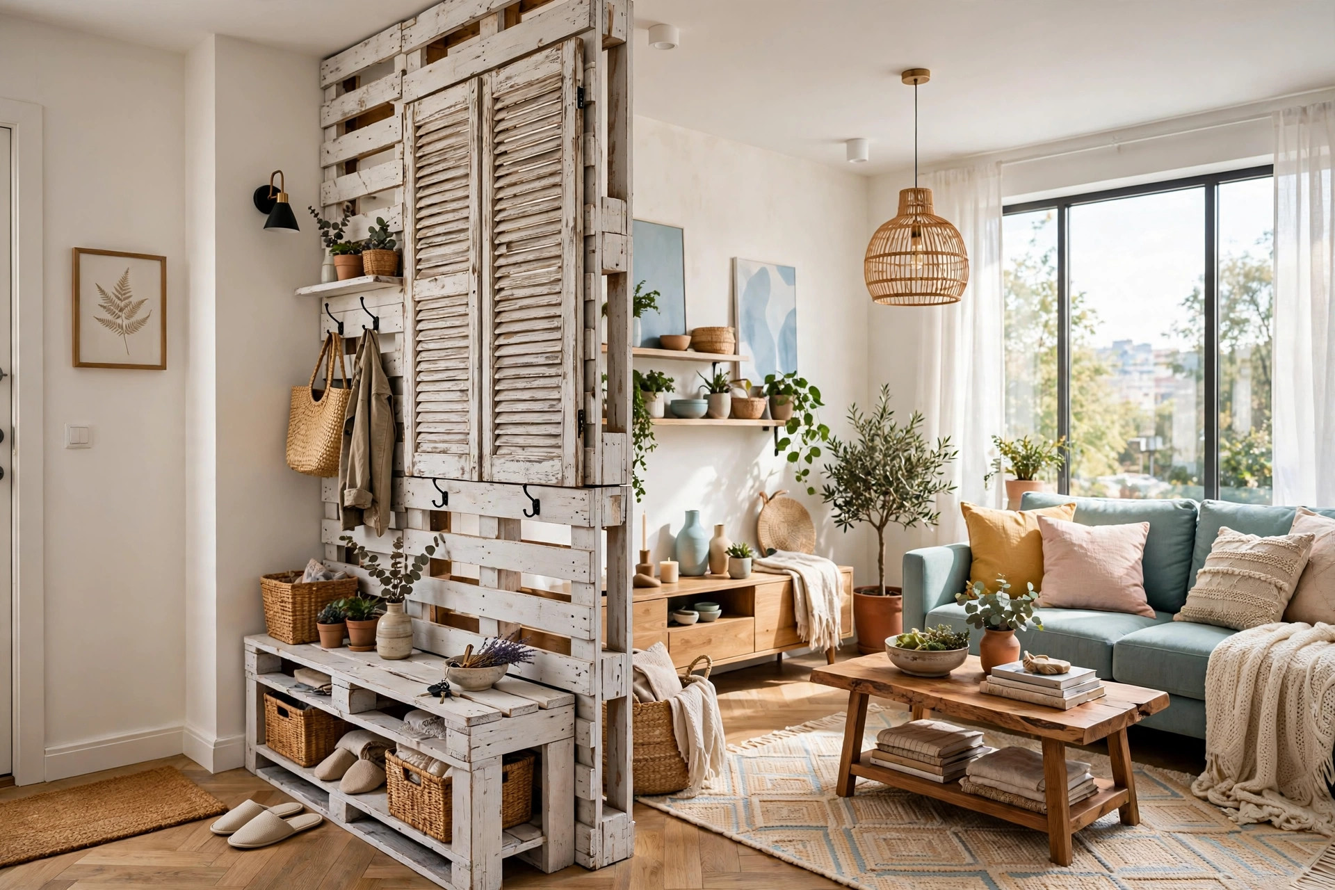 Rustic small apartment living space with a DIY pallet-wood shutter partition
