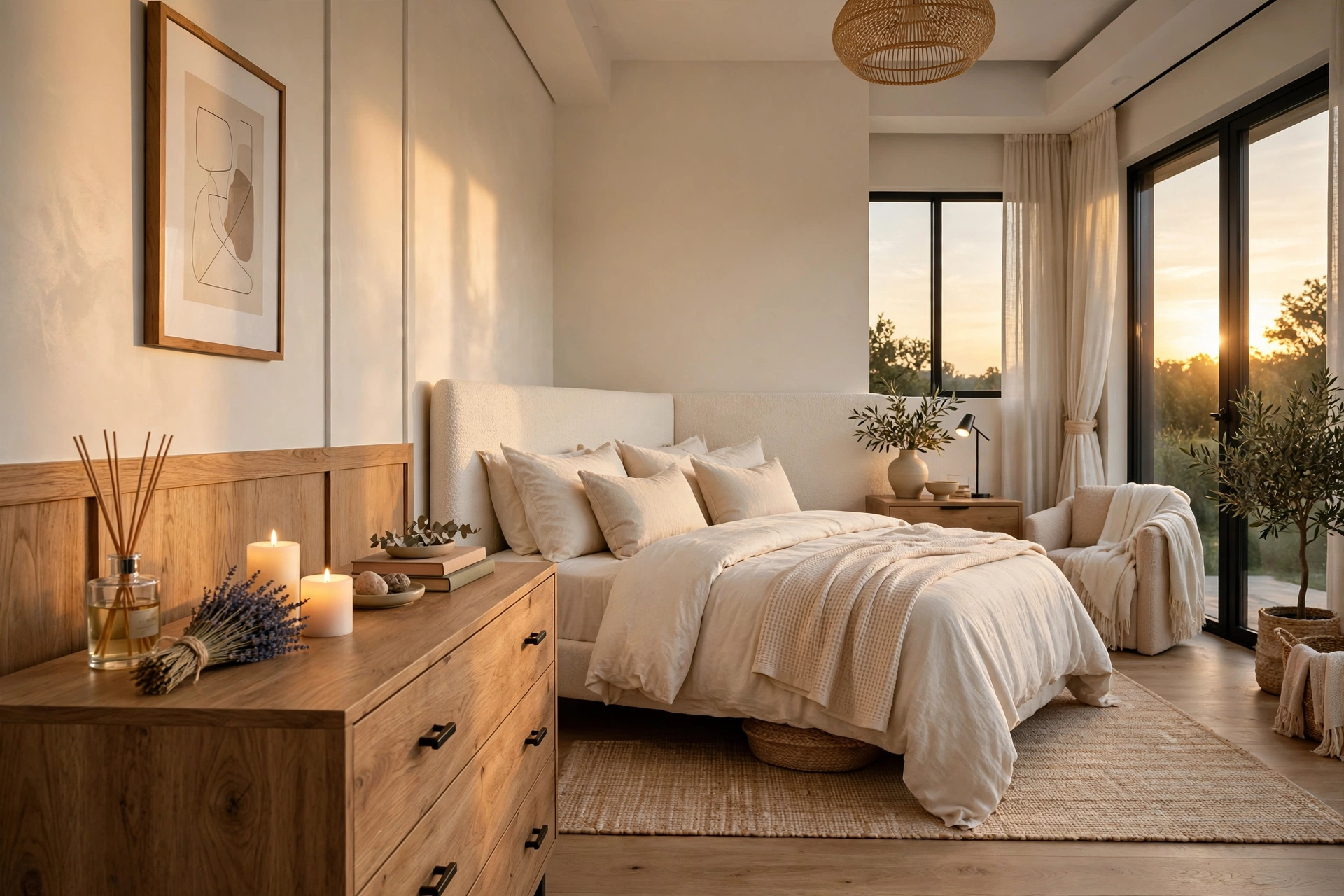 Serene evening bedroom with a reed diffuser, dried lavender bundle and flameless candles on a wooden dresser