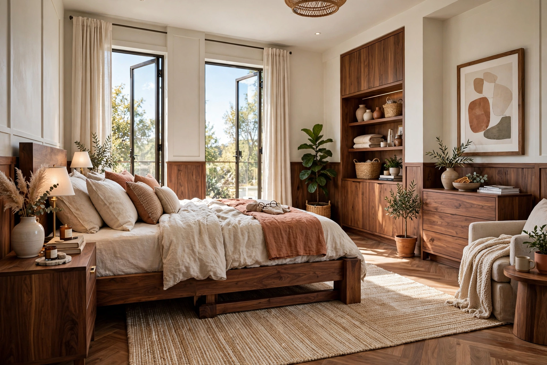Bright bedroom with a sturdy solid-wood platform bed with chunky frame and center support rail
