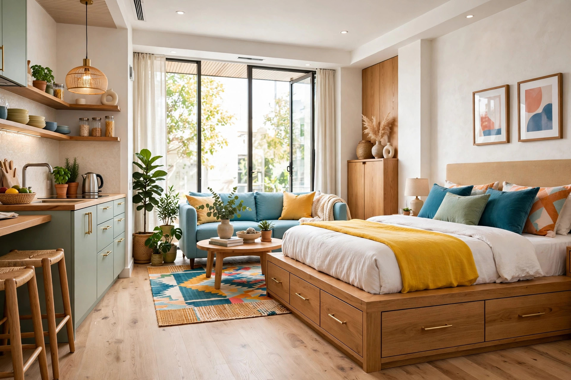 Raised wooden platform bed with storage drawers in a minimalist studio apartment