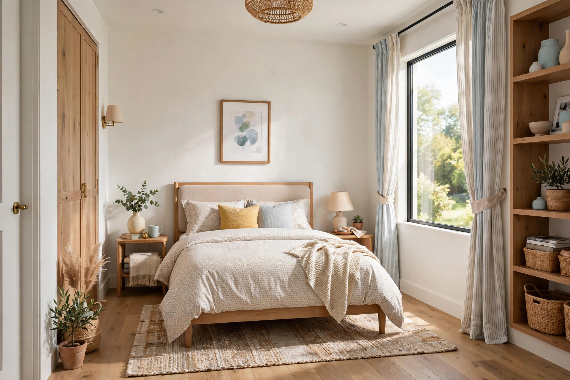 Small serene bedroom with small-scale subtle patterned bedding in soft neutrals keeping the space airy