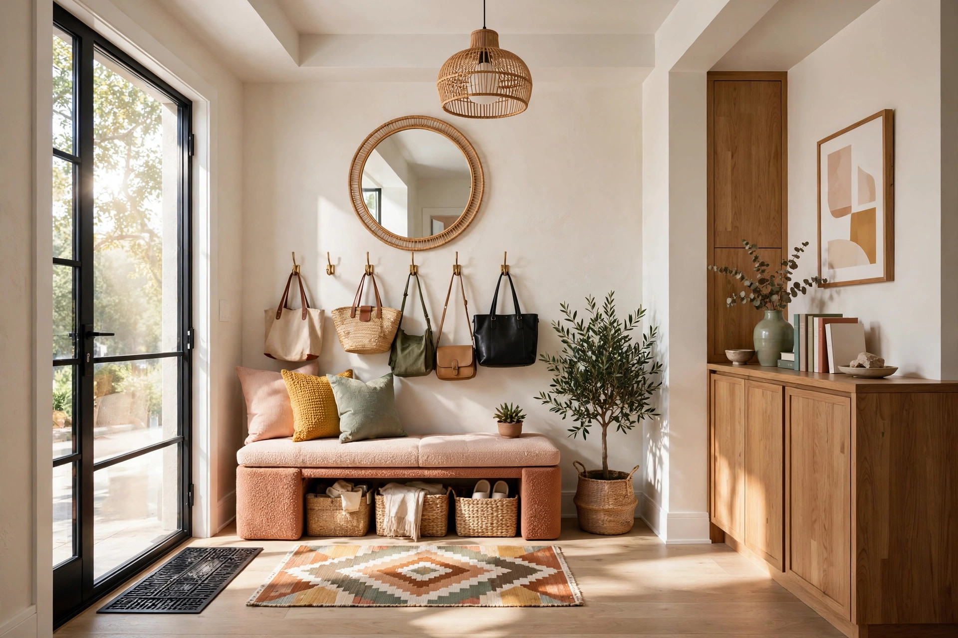 Sunlit entryway with a cushioned storage bench, wall hooks and a mirror, whole area visible