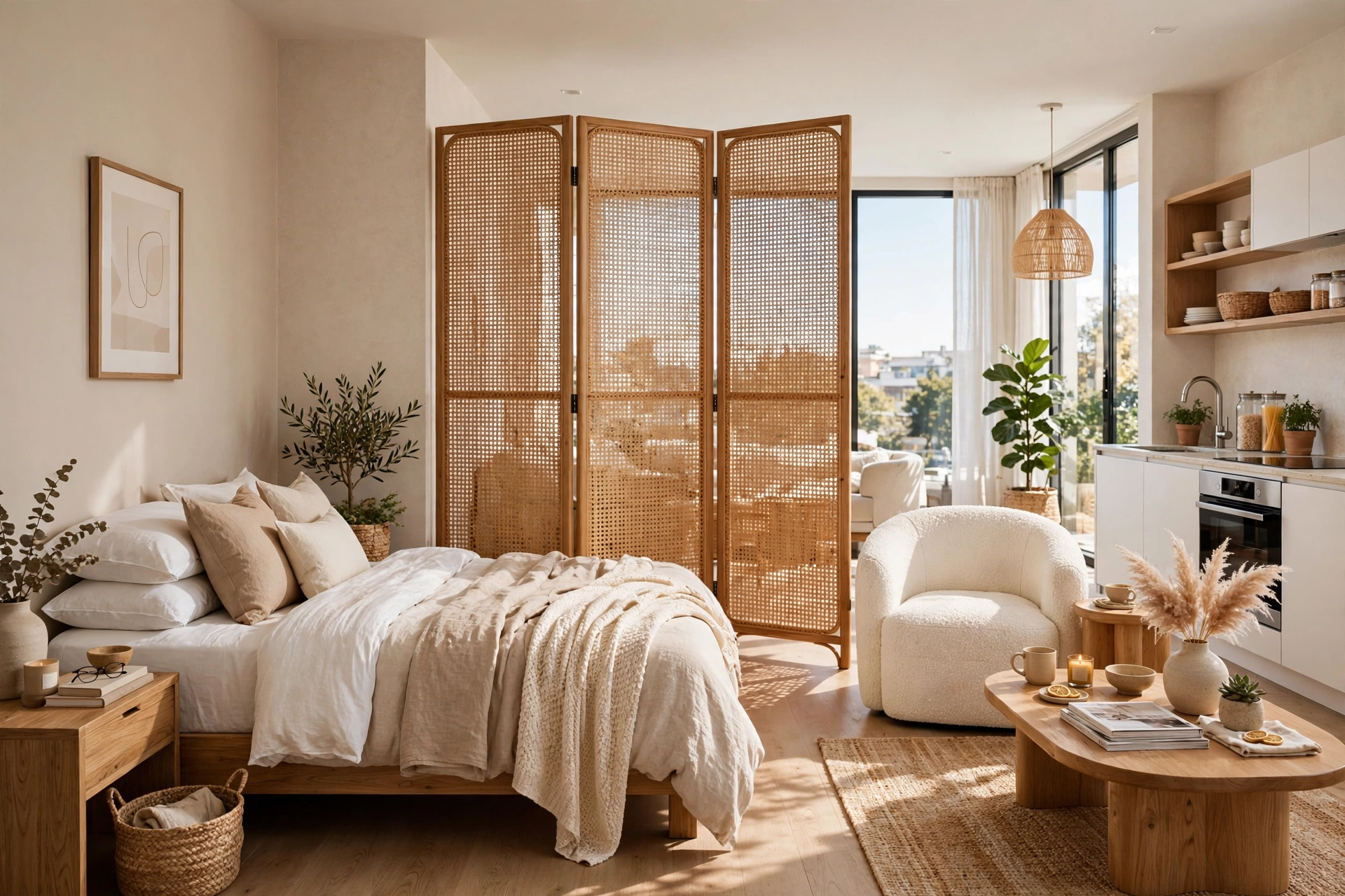 Elegant three-panel cane folding screen dividing the bed area from the living space in a bright modern studio apartment, light passing through, full room view