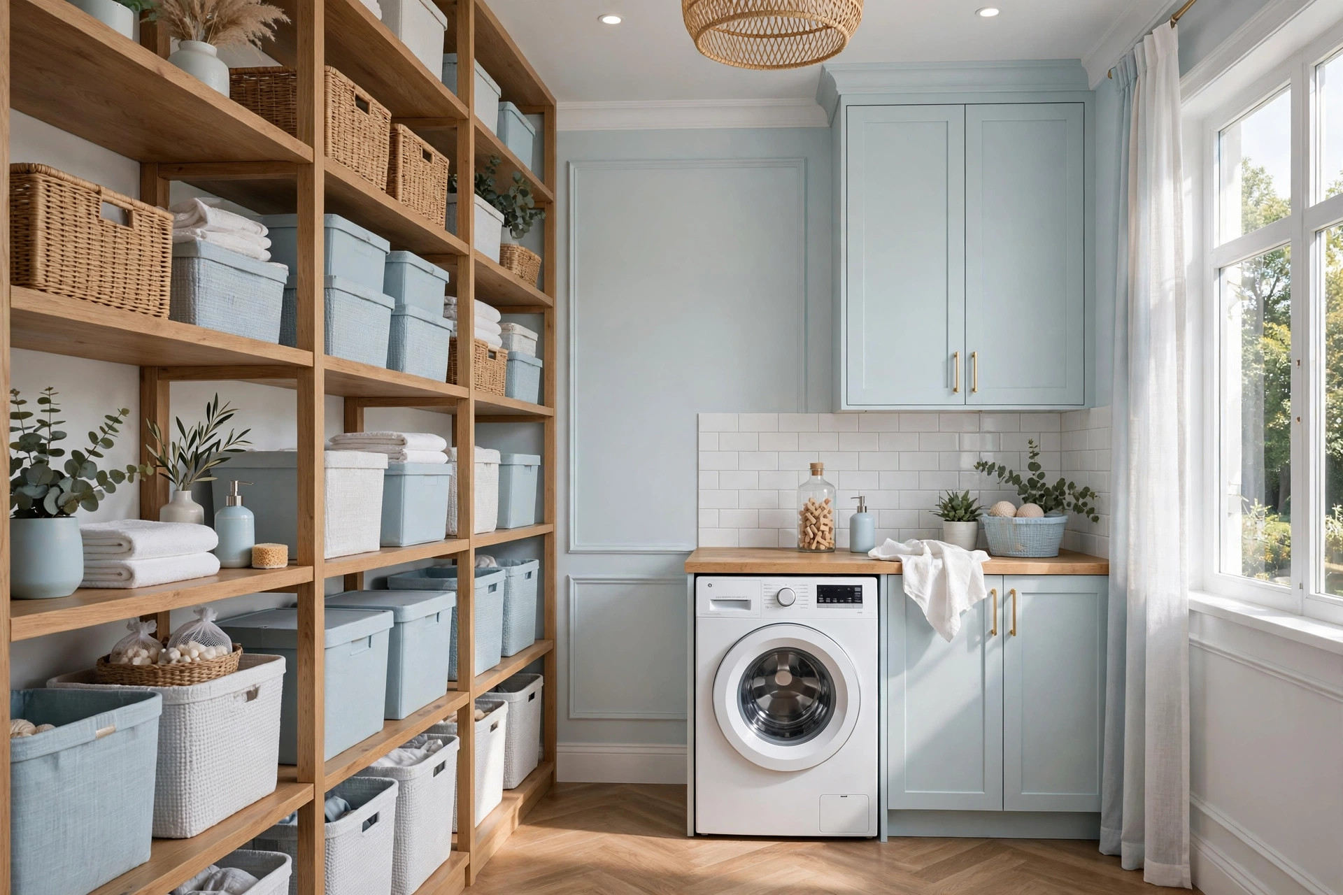 Bright laundry room with neatly stacked labeled storage bins on open shelves, wide wall-to-wall view
