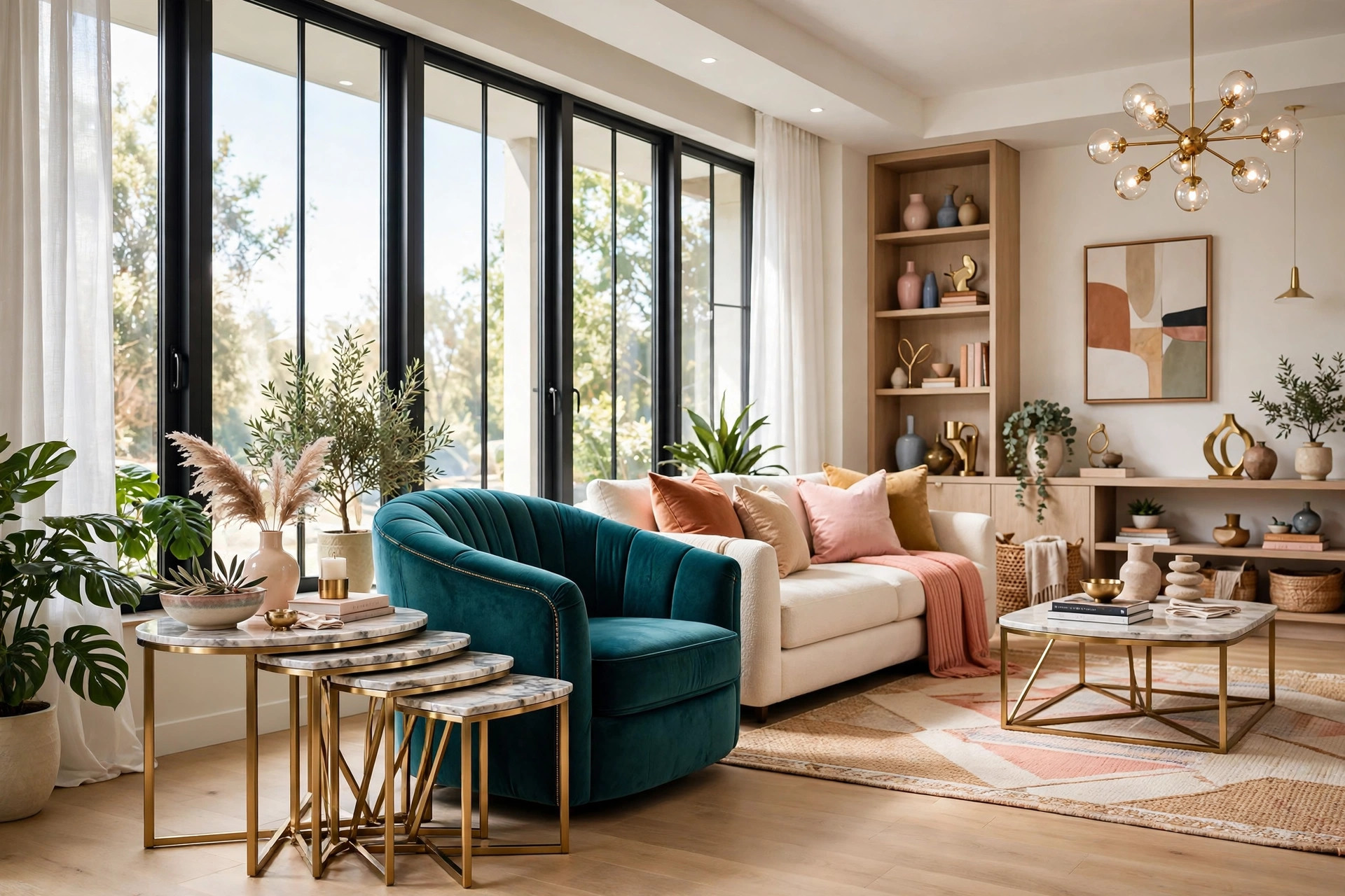 Bright studio living room with a set of three nesting side tables fanned out beside an armchair, wide wall-to-wall view