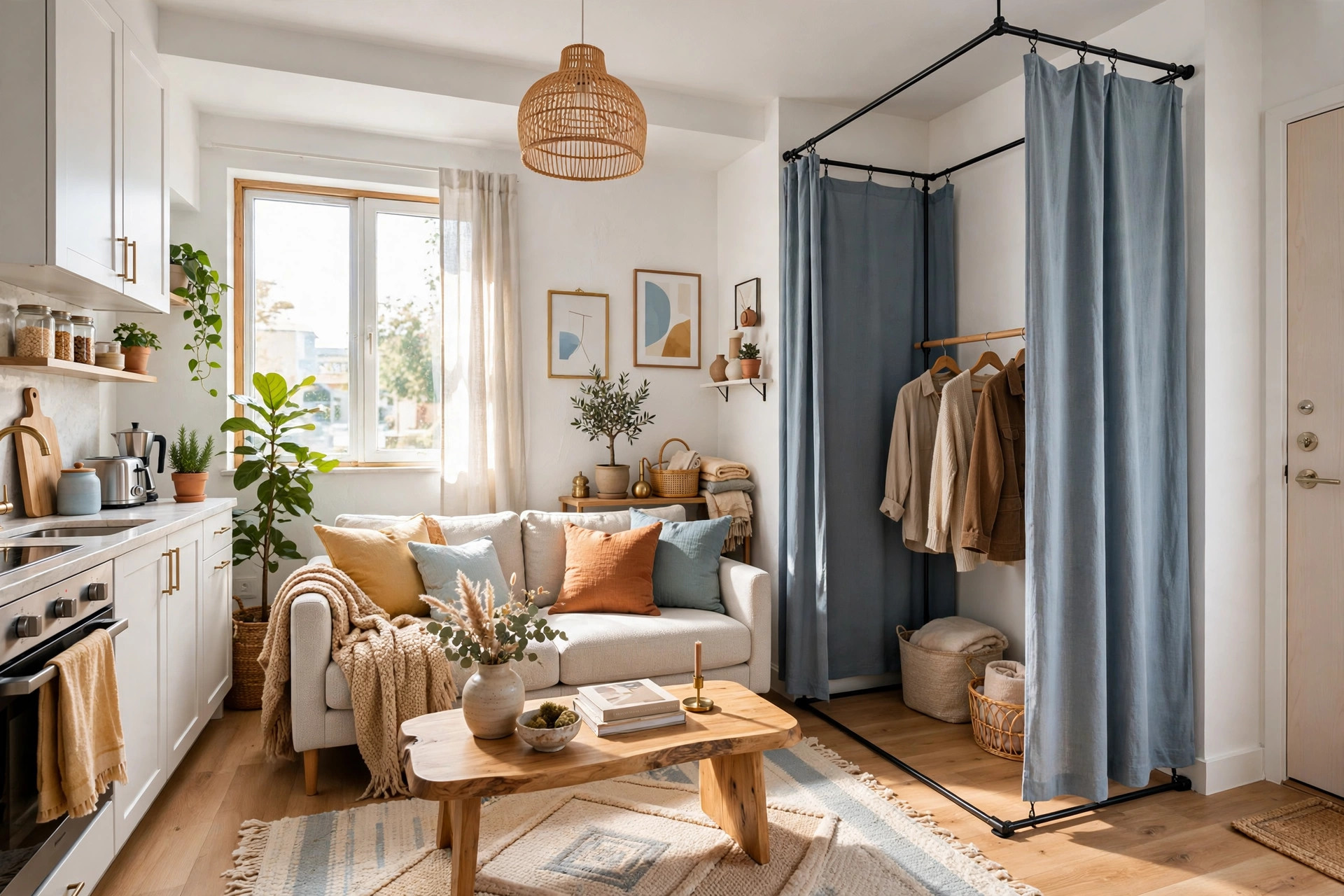 Bright rental apartment alcove with fabric panels hung from a tension rod divider