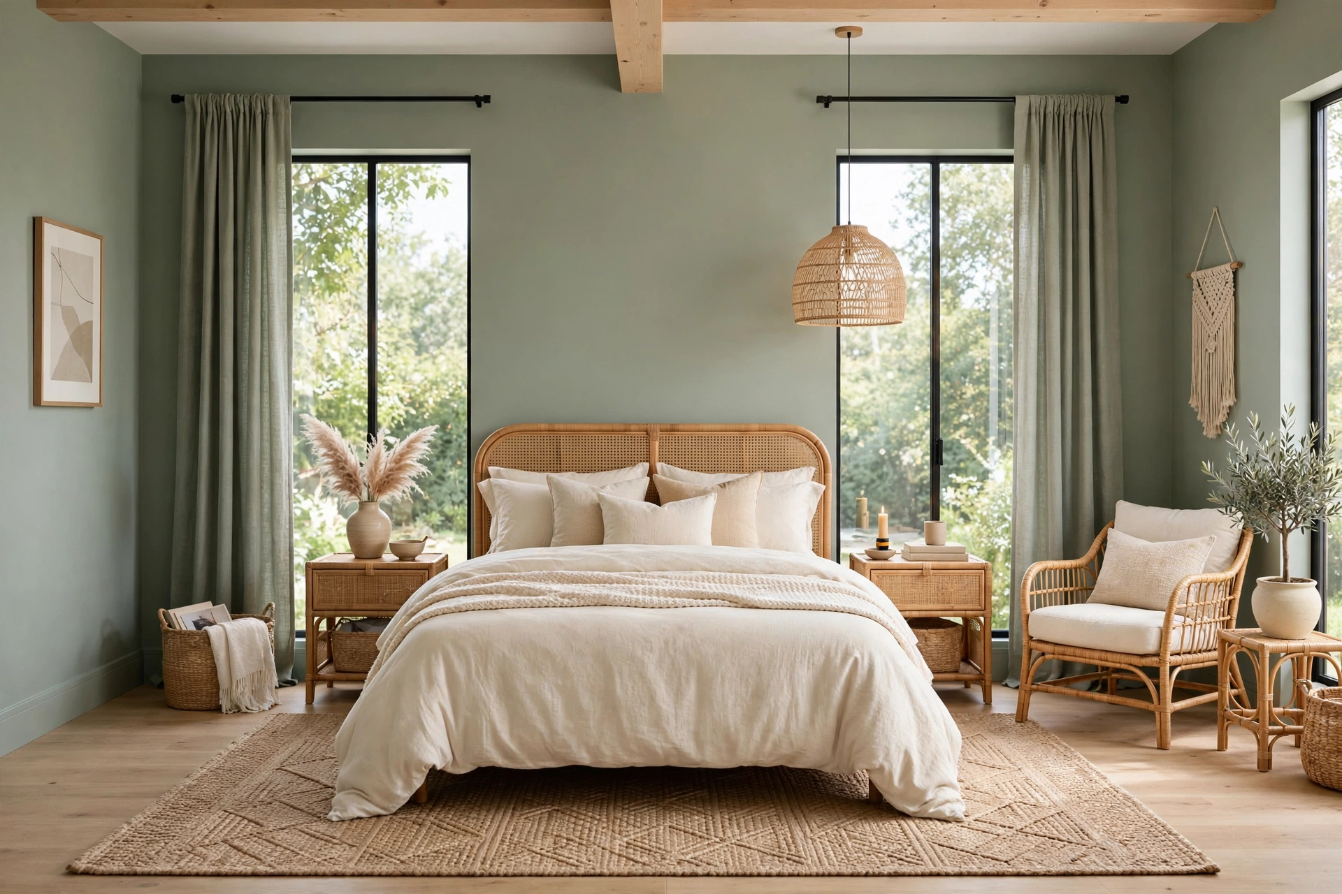 Restful bedroom painted in muted sage green with matching curtains, cream bedding and woven natural textures