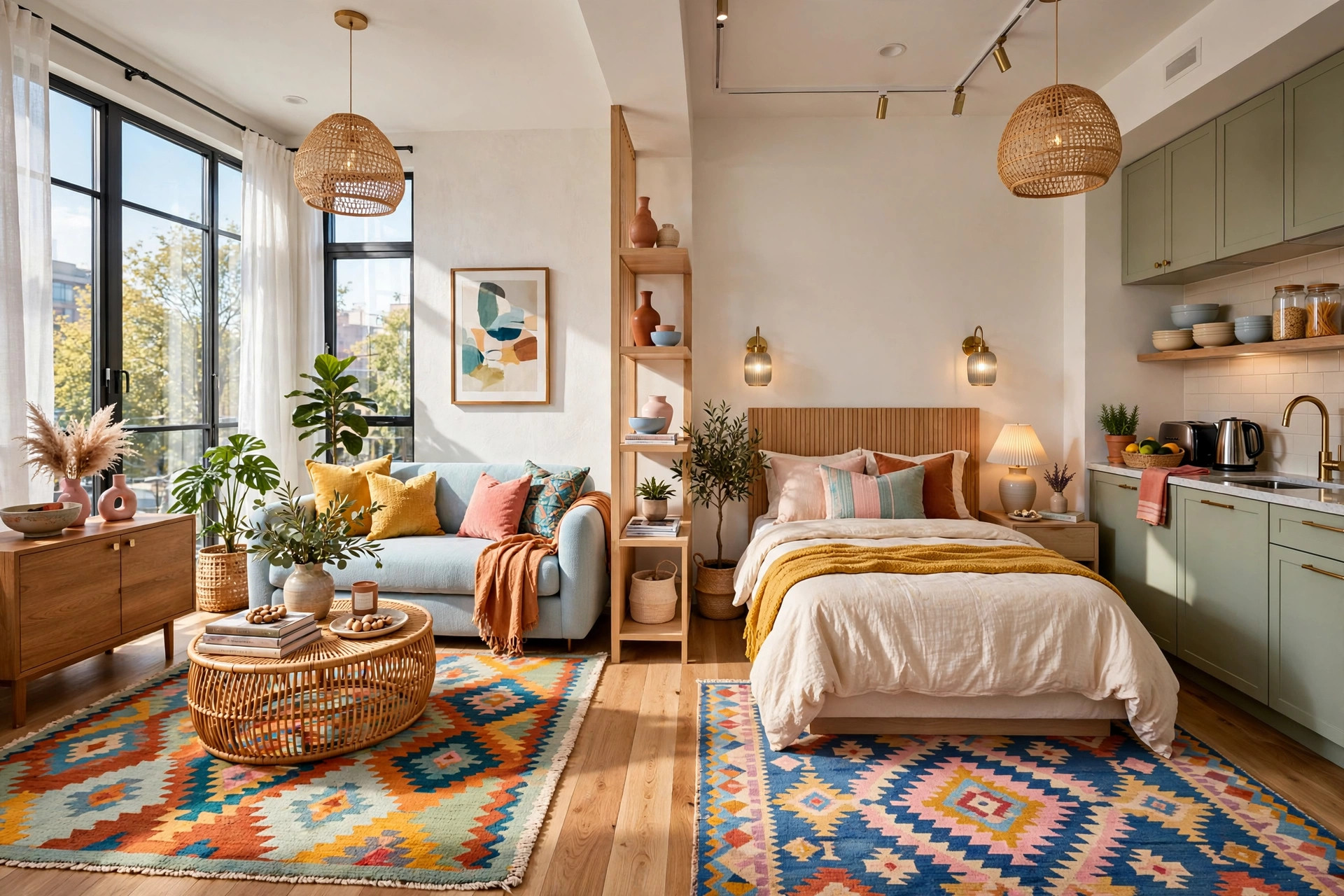 Studio apartment living zone defined by a large area rug under the sofa and coffee table
