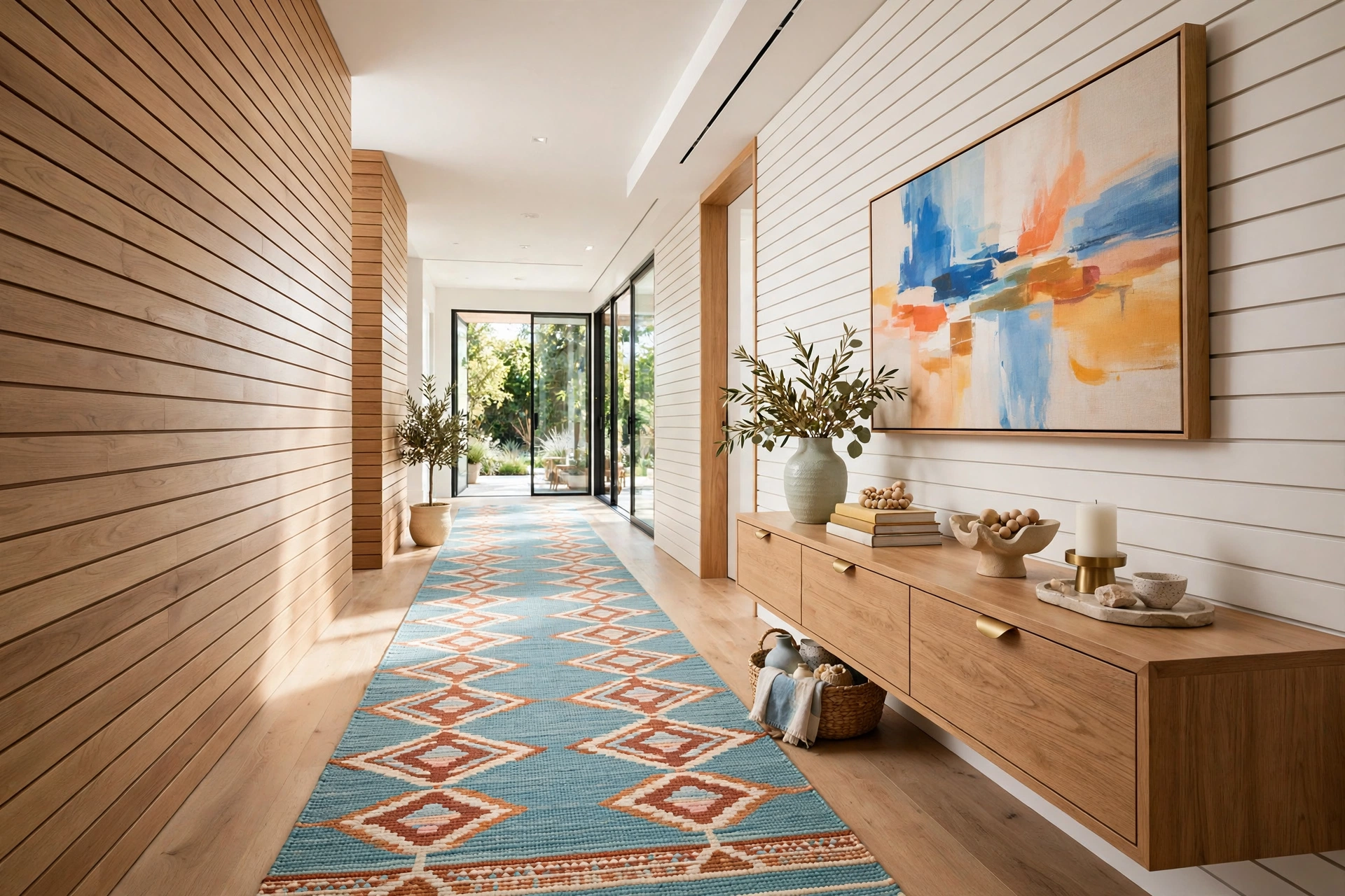 Narrow hallway with a long low console and horizontal wall paneling stretching the space wider