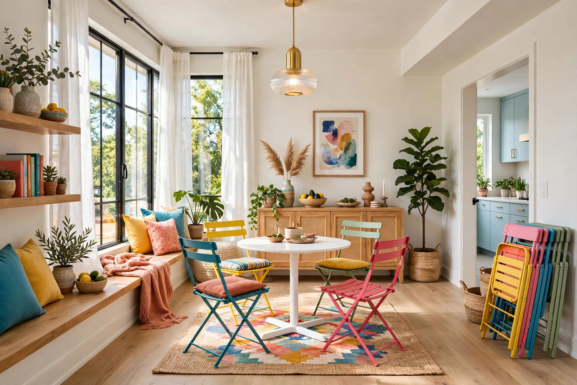 Bright dining area with a small round table and colorful folding chairs stacked neatly in a corner, whole room visible
