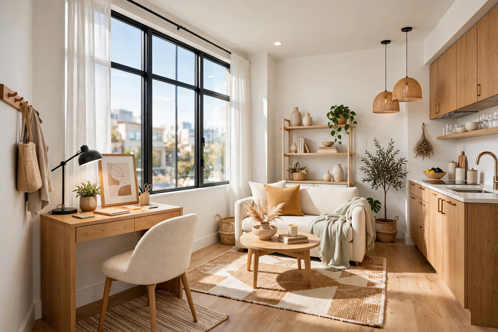 Compact dedicated work nook in a bright studio apartment: small wooden desk facing a large window, task lamp, tucked chair, clearly its own zone, whole room visible