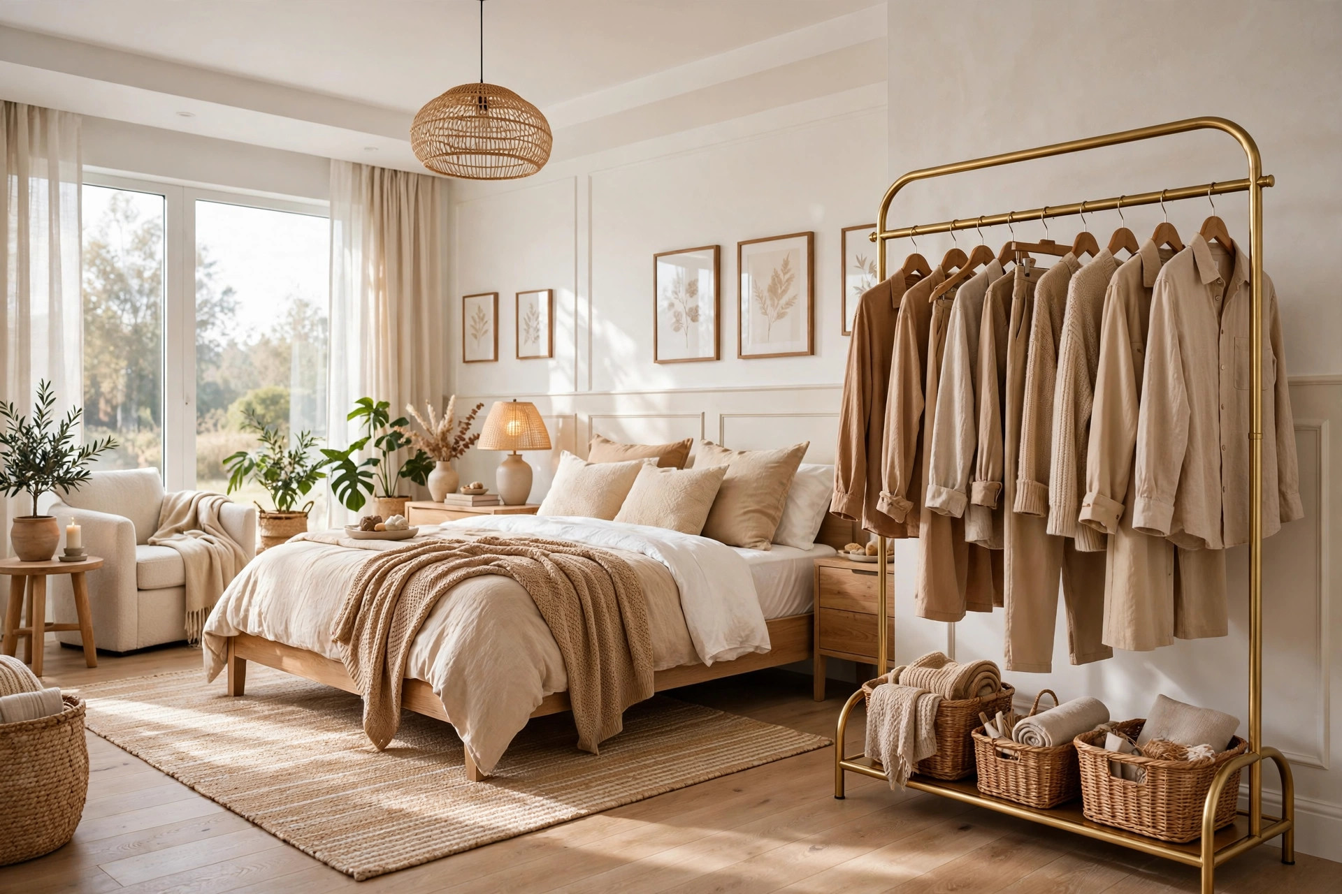 Bright bedroom with a freestanding garment rack holding clothes in one color family, wide wall-to-wall view