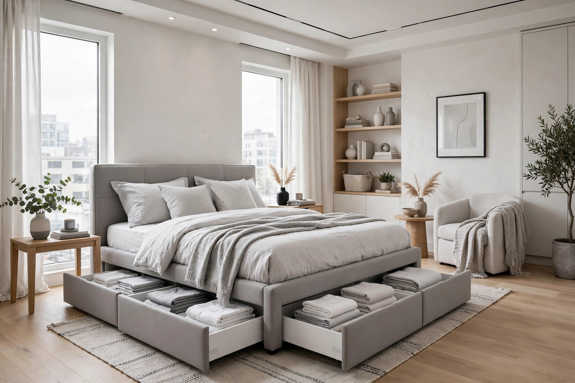 Bright studio sleeping zone with a storage bed frame, deep drawers pulled open showing folded linens, wide wall-to-wall view