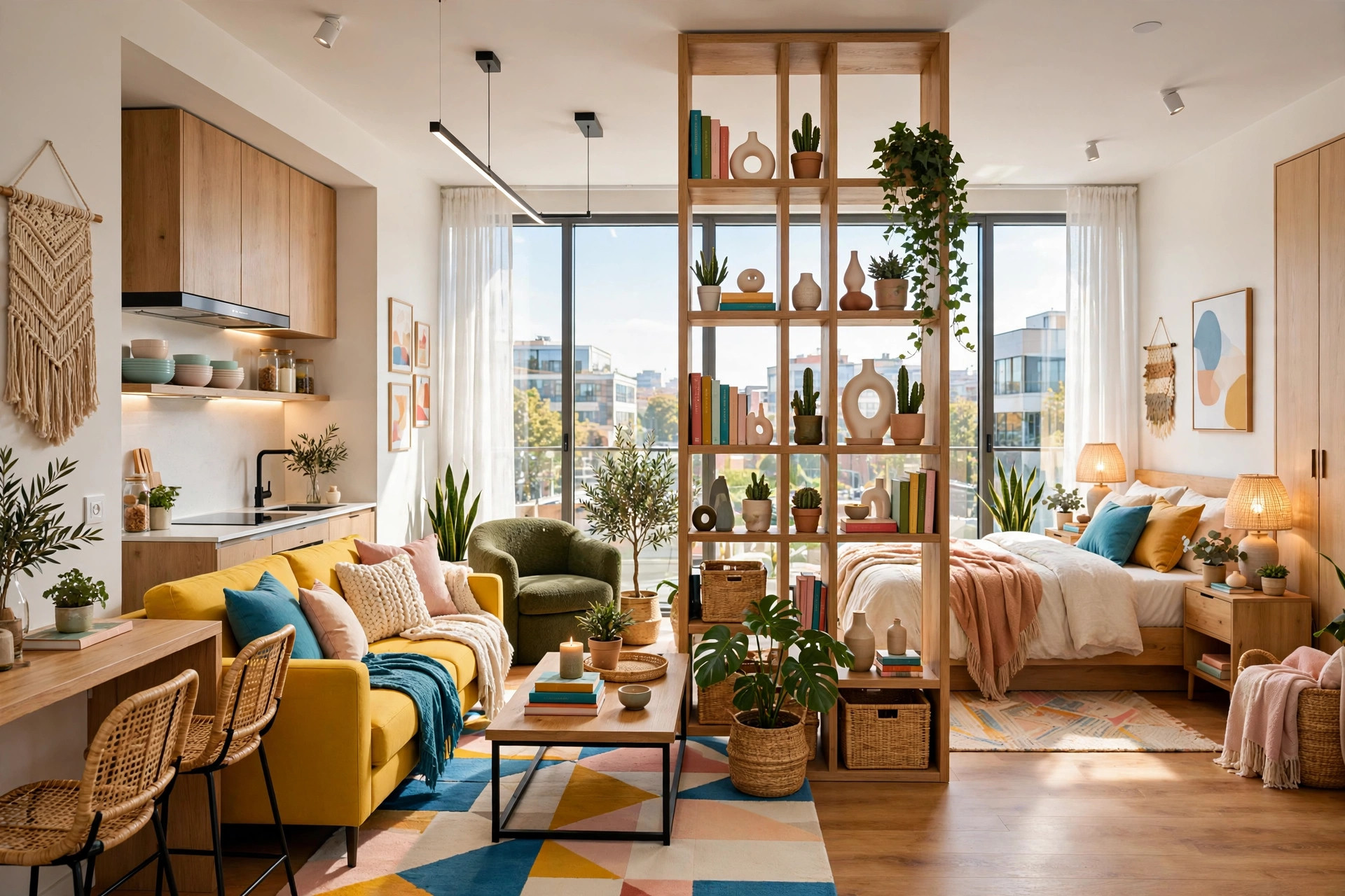 Tall open bookshelf dividing bedroom and living zones in a bright studio apartment