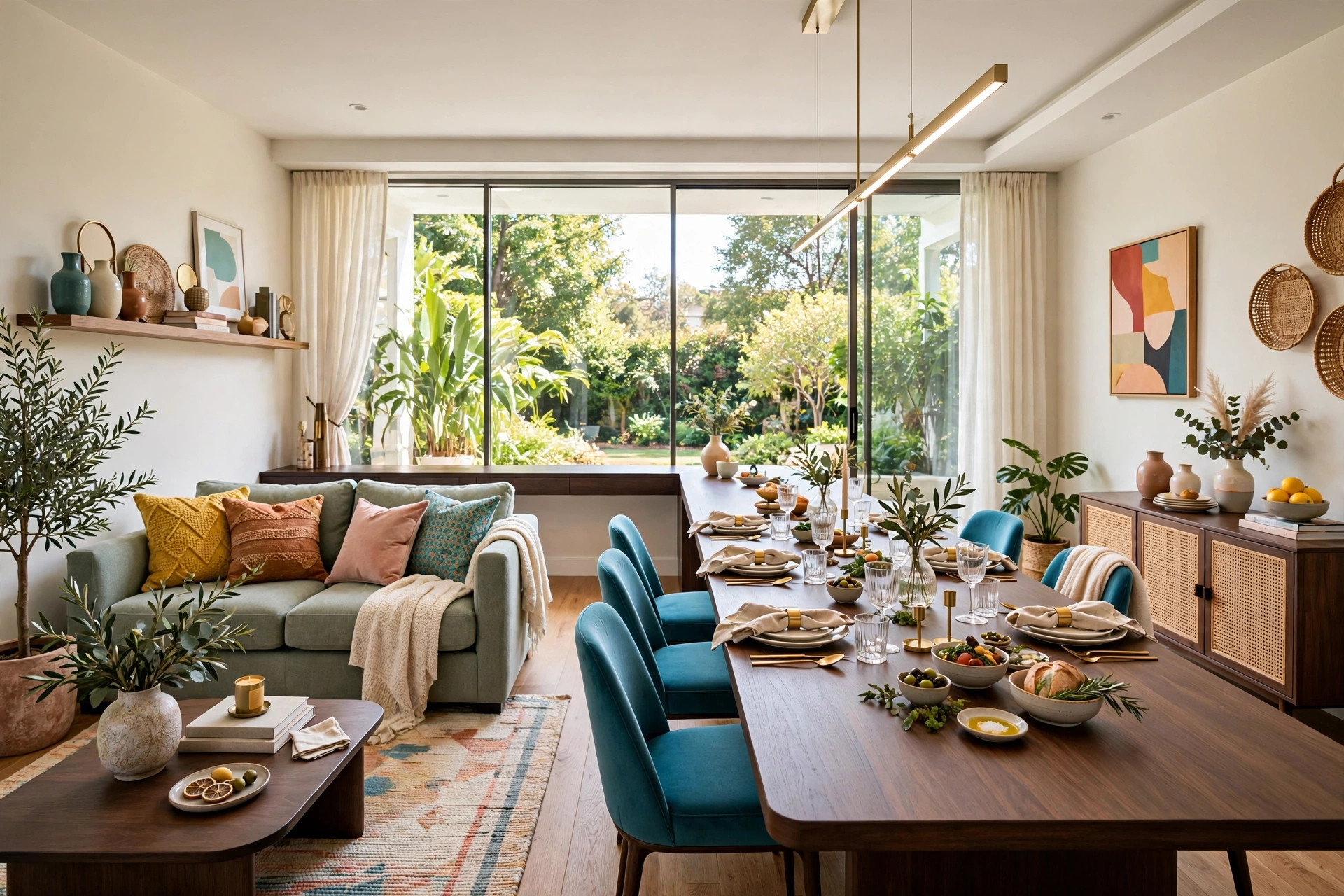 Elegant living room with a slim console table extended into a long dining table set for dinner, whole room visible