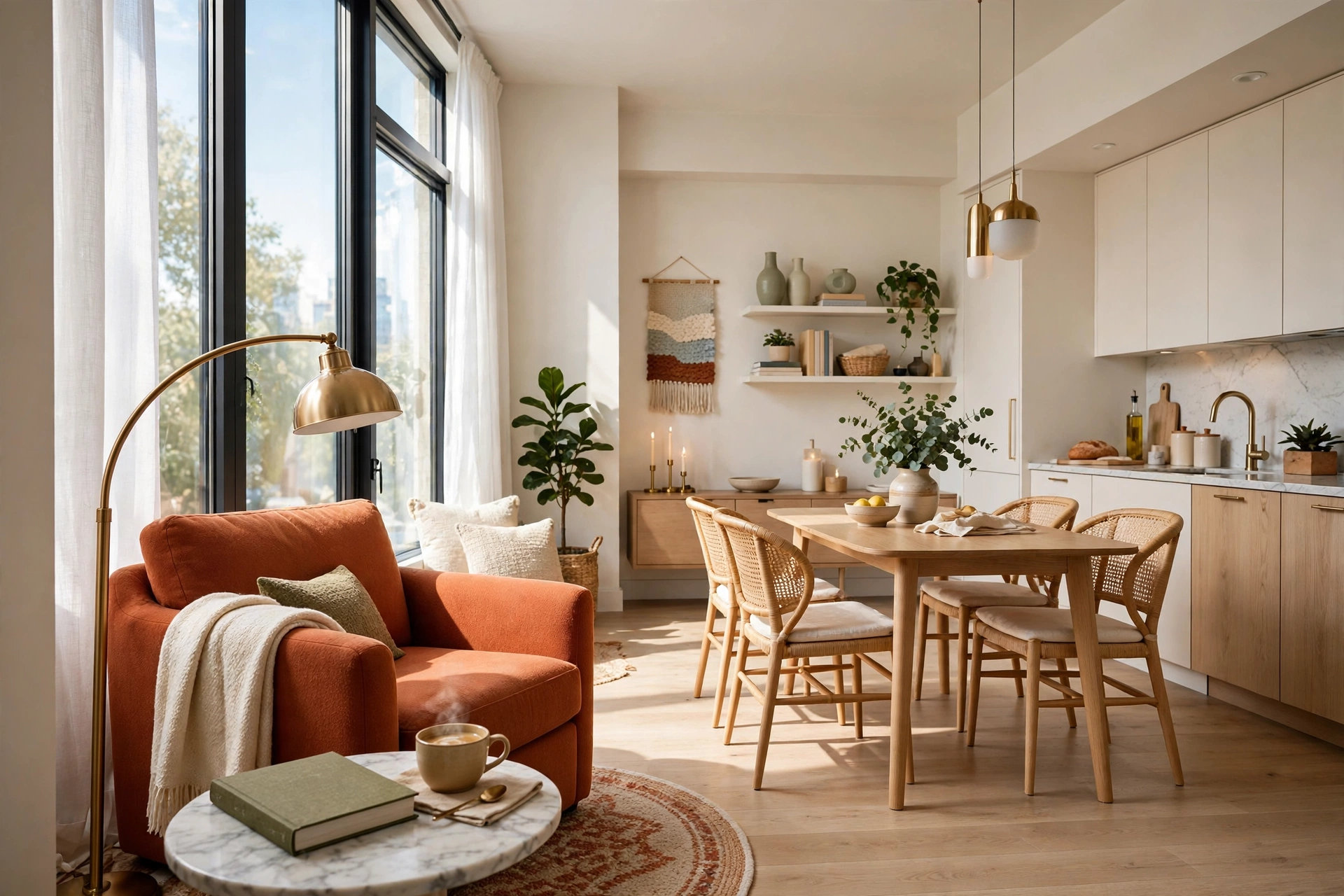 Cozy reading corner in a bright studio apartment: comfortable armchair angled inward, warm floor lamp, small side table and rug defining the mini zone, full room view