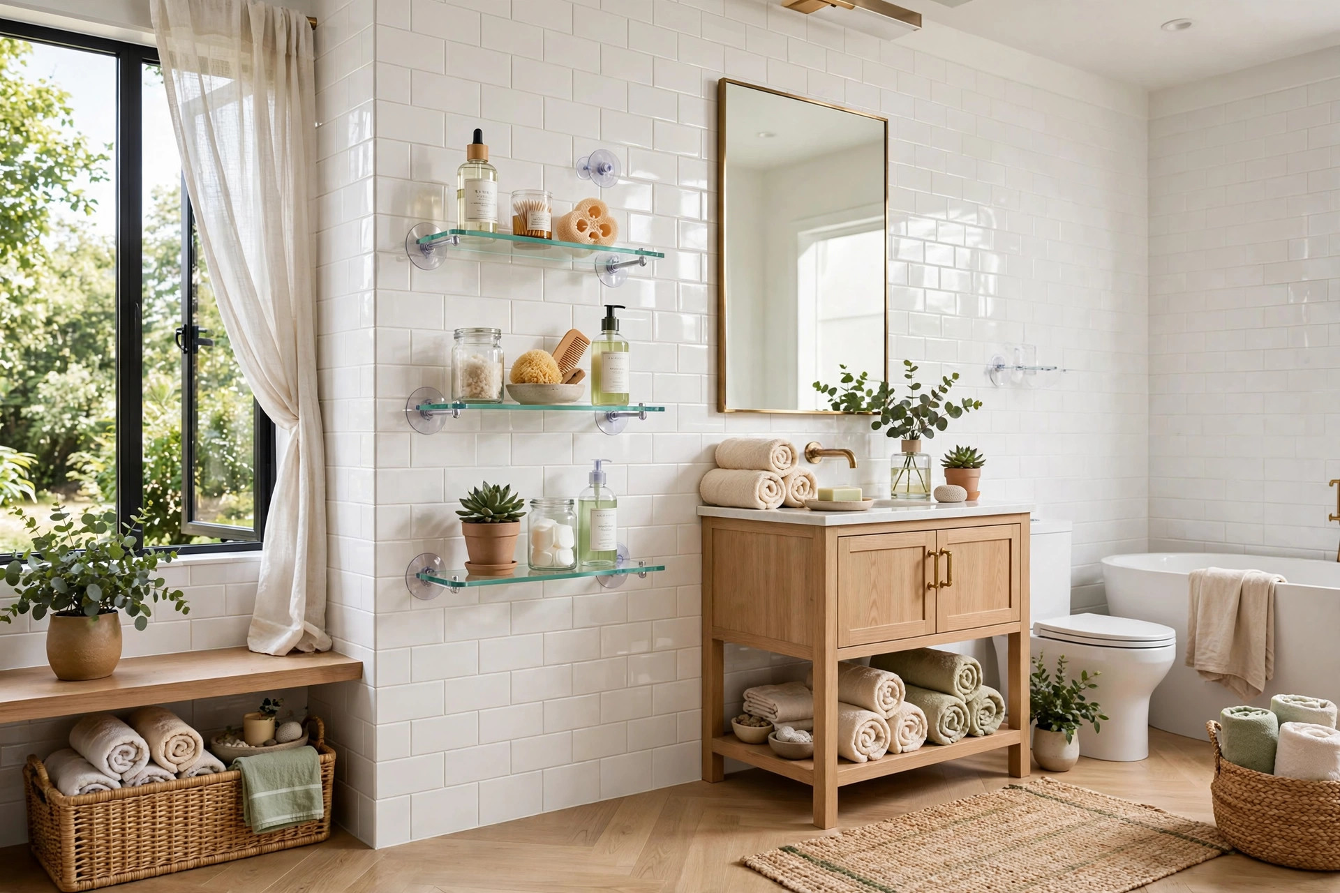 Bright bathroom with suction-cup shelves holding toiletries on glossy tile, wide wall-to-wall view