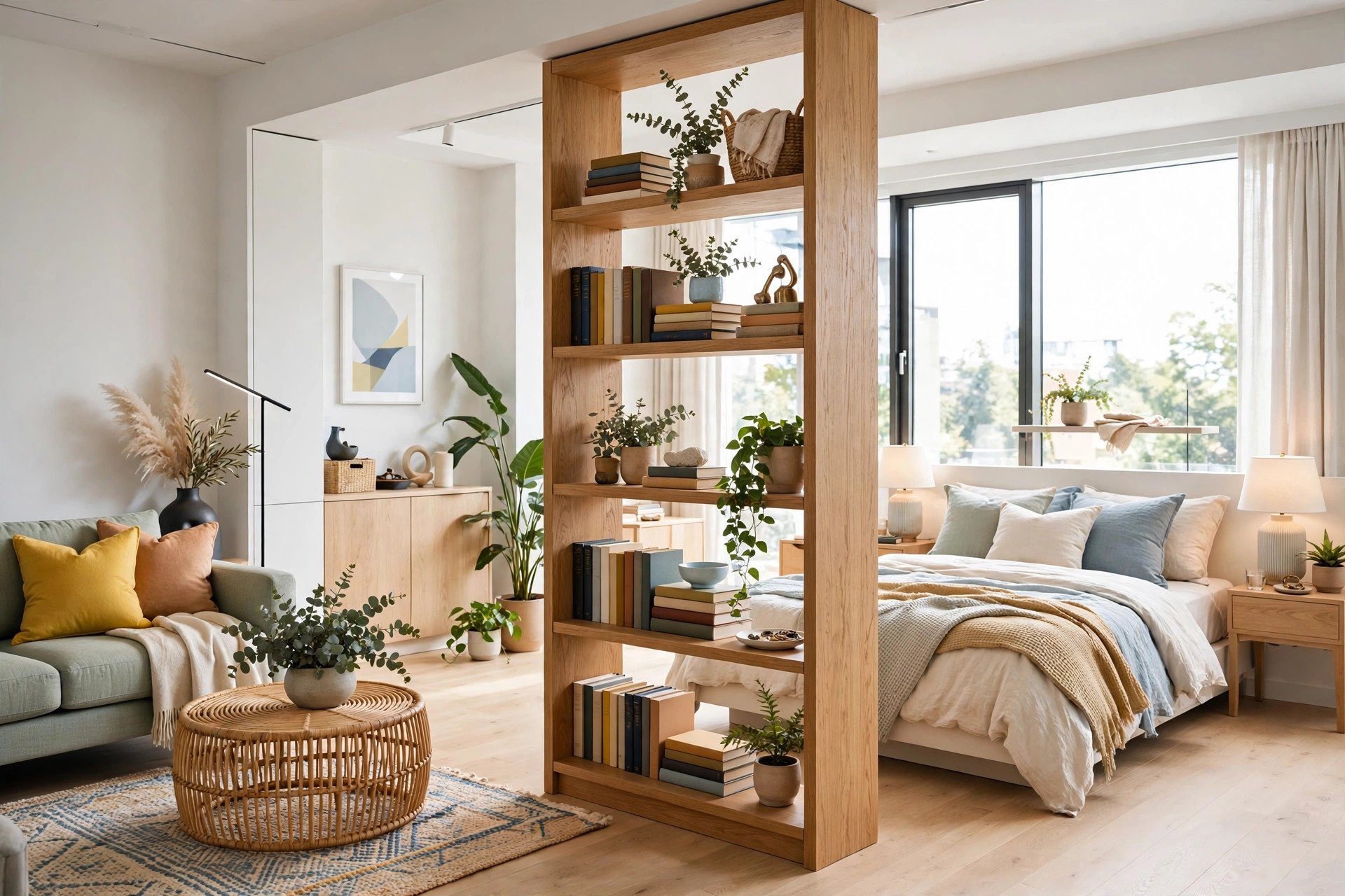 Bright studio apartment with an open bookshelf room divider separating the bed zone from the living zone, wide wall-to-wall view
