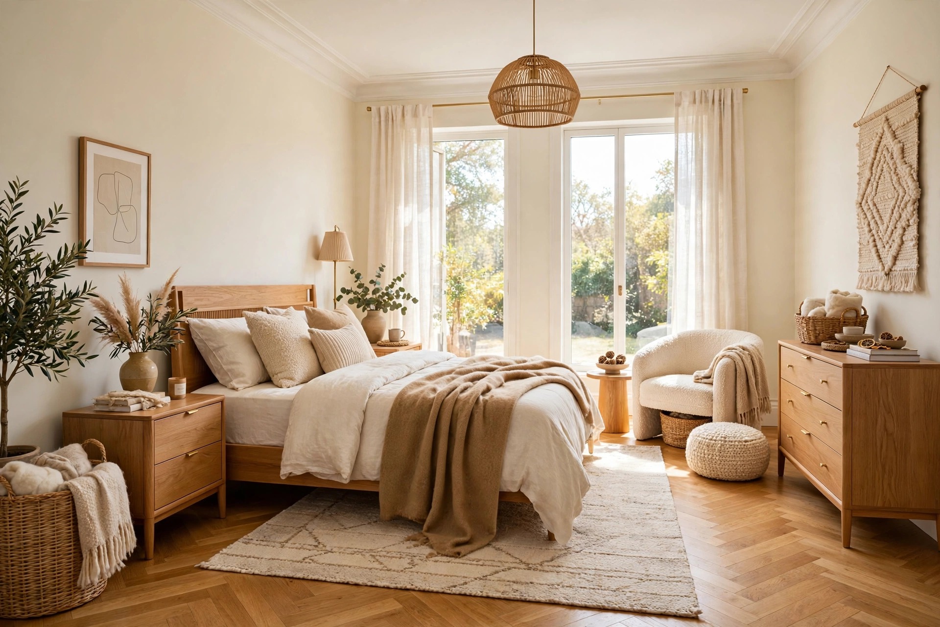 Cream and camel bedroom, cream walls, camel wool throw, honey oak furniture, warm and cohesive, entire room visible