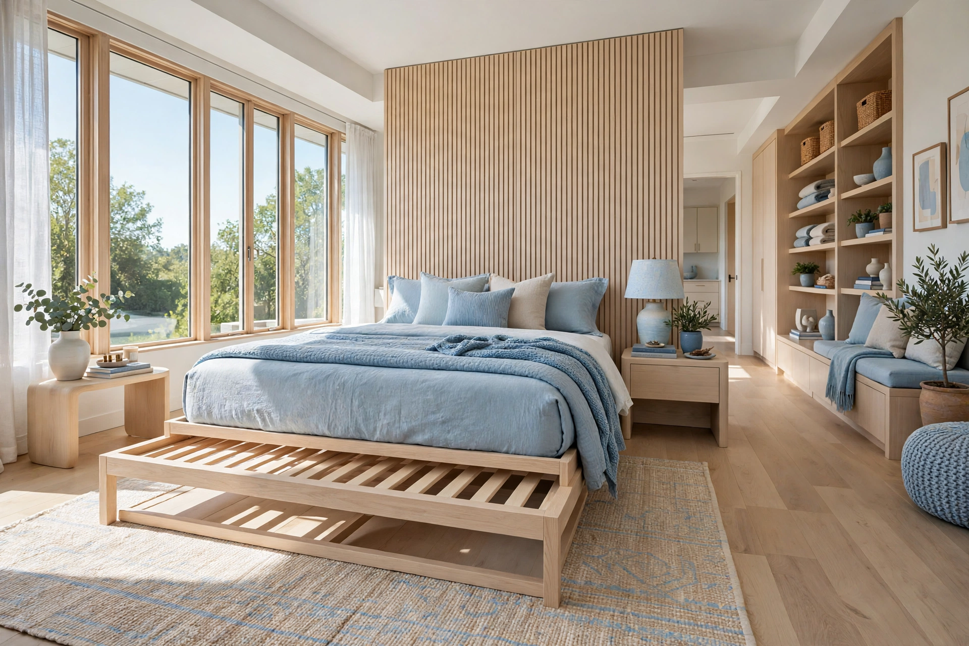 Bright airy bedroom with a slatted platform bed base showing open airflow space beneath the mattress