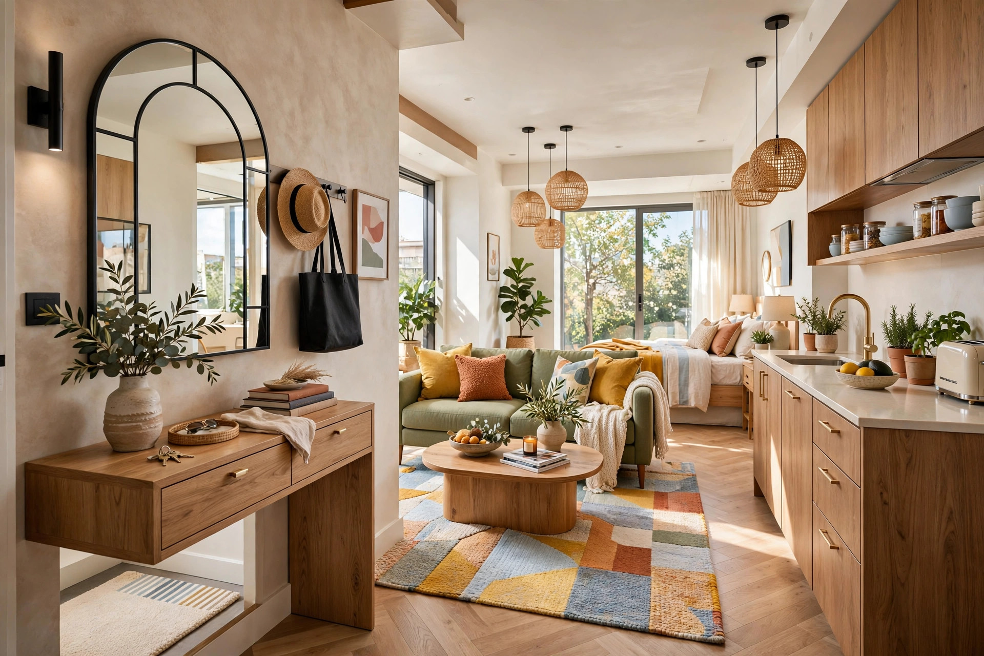 Compact entryway zone with slim console, mirror, and rug beside a studio apartment door