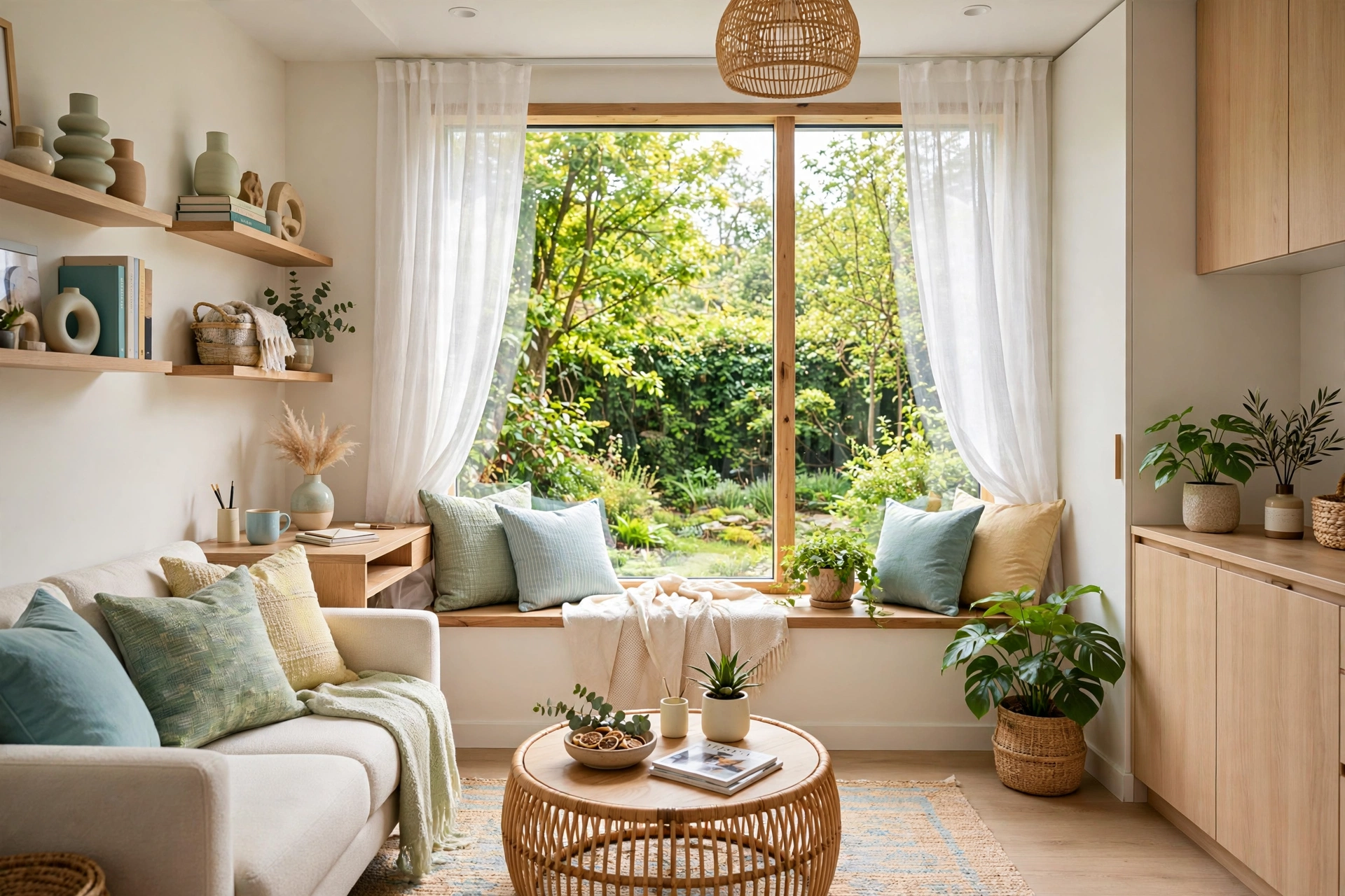 Small bright room with a clear windowsill framing a green garden view that extends the space outdoors