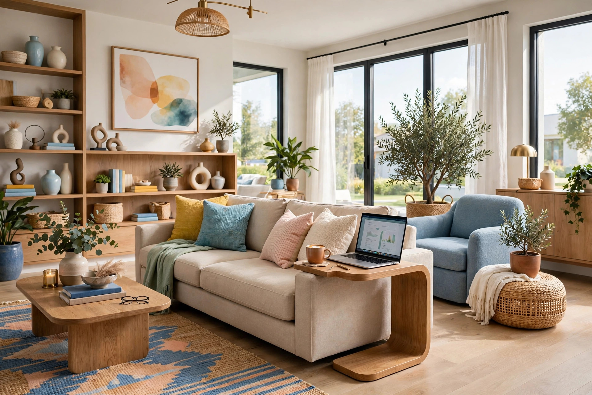 Cozy bright living room with a C-shaped side table slid over a sofa arm holding coffee and a laptop, whole room visible