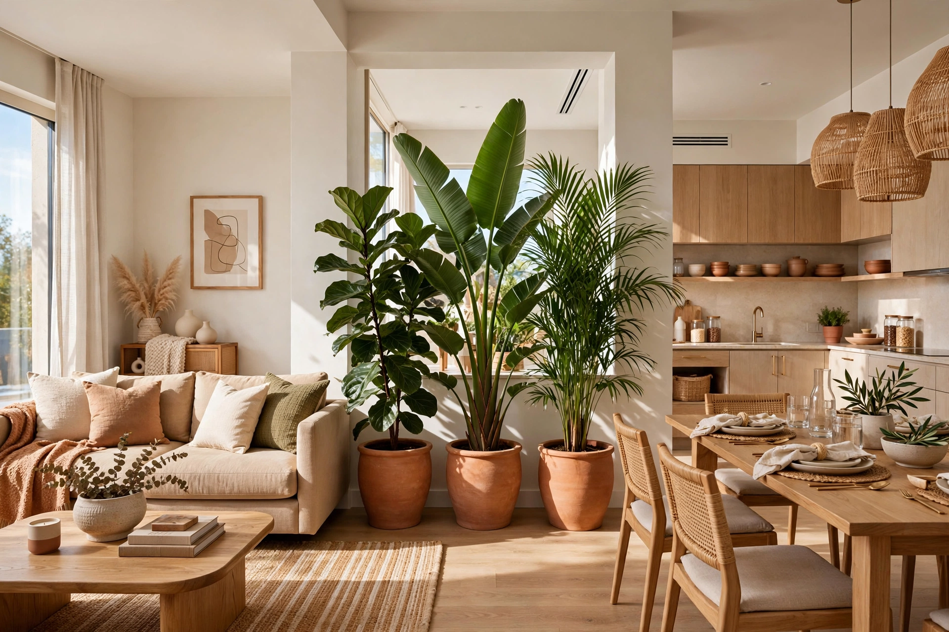 Tall leafy plants in matching ceramic pots forming a living divider between zones in a bright modern studio apartment, daylight flowing through, entire space visible