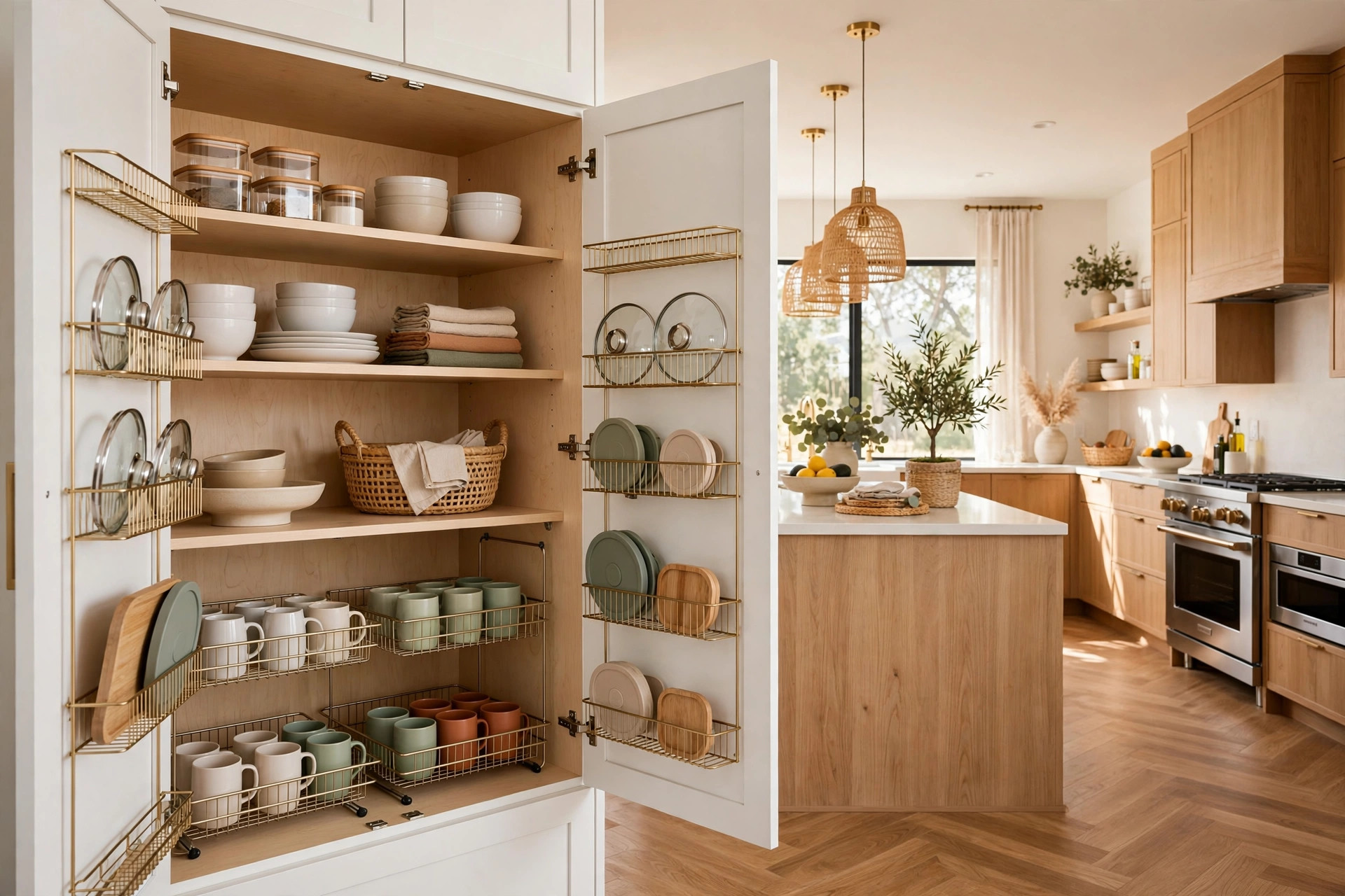 Bright kitchen cabinet interior with under-shelf baskets and door-mounted organizers, wide wall-to-wall view