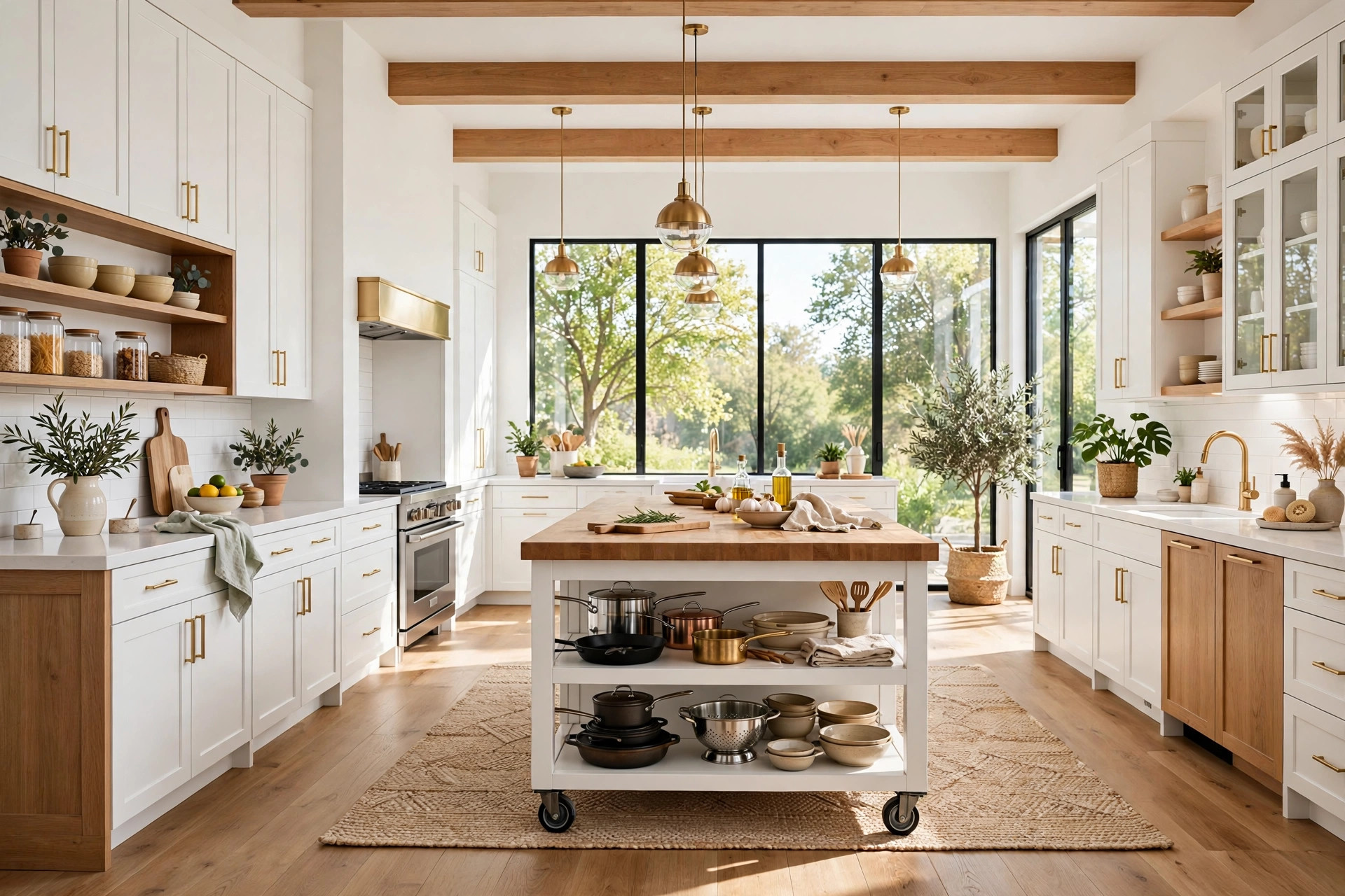 Bright studio kitchen with a rolling kitchen island with butcher-block top and shelves below, wide wall-to-wall view