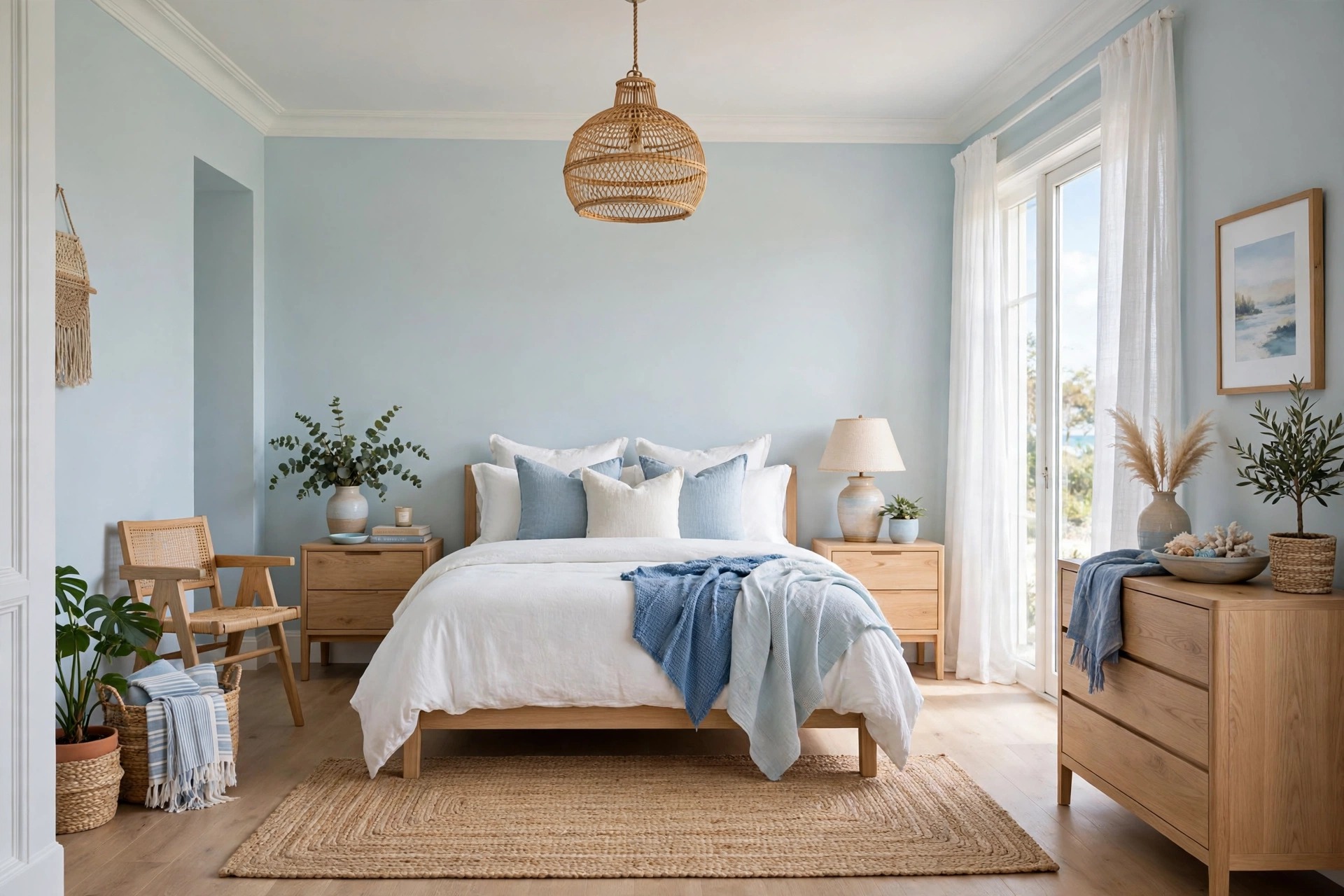 Coastal bedroom with powder blue walls, white bedding, rattan pendant light, jute rug, bright daylight, whole room visible