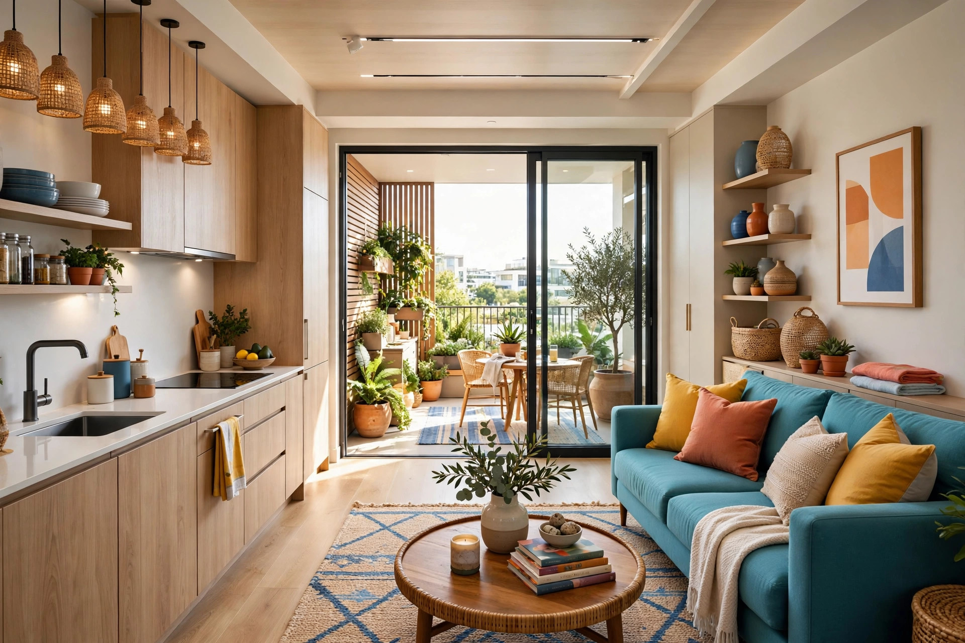 Small styled balcony with bistro set, outdoor rug, and potted plants off a studio apartment