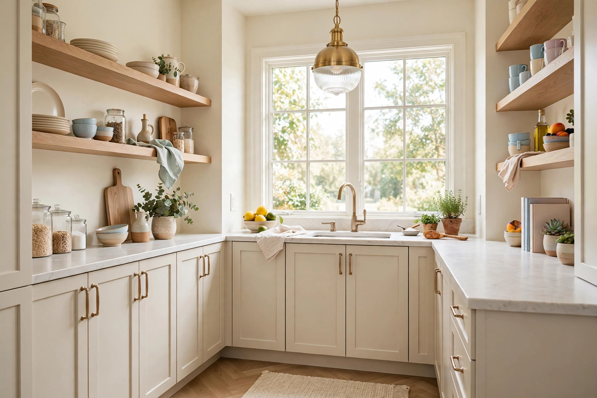 Small kitchen nook with matching brushed-brass finishes on lighting, hardware, and faucet for a calm cohesive look