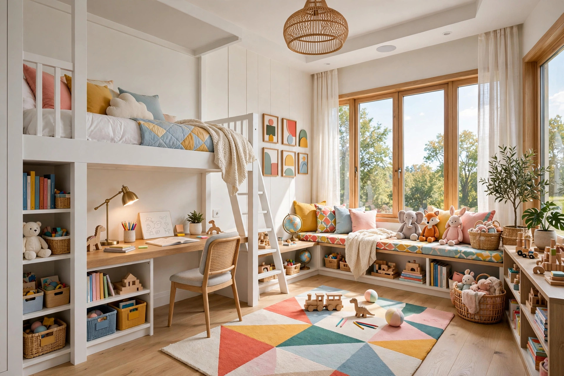 Bright kids bedroom with a loft bed and a study desk with chair tucked underneath, whole room visible