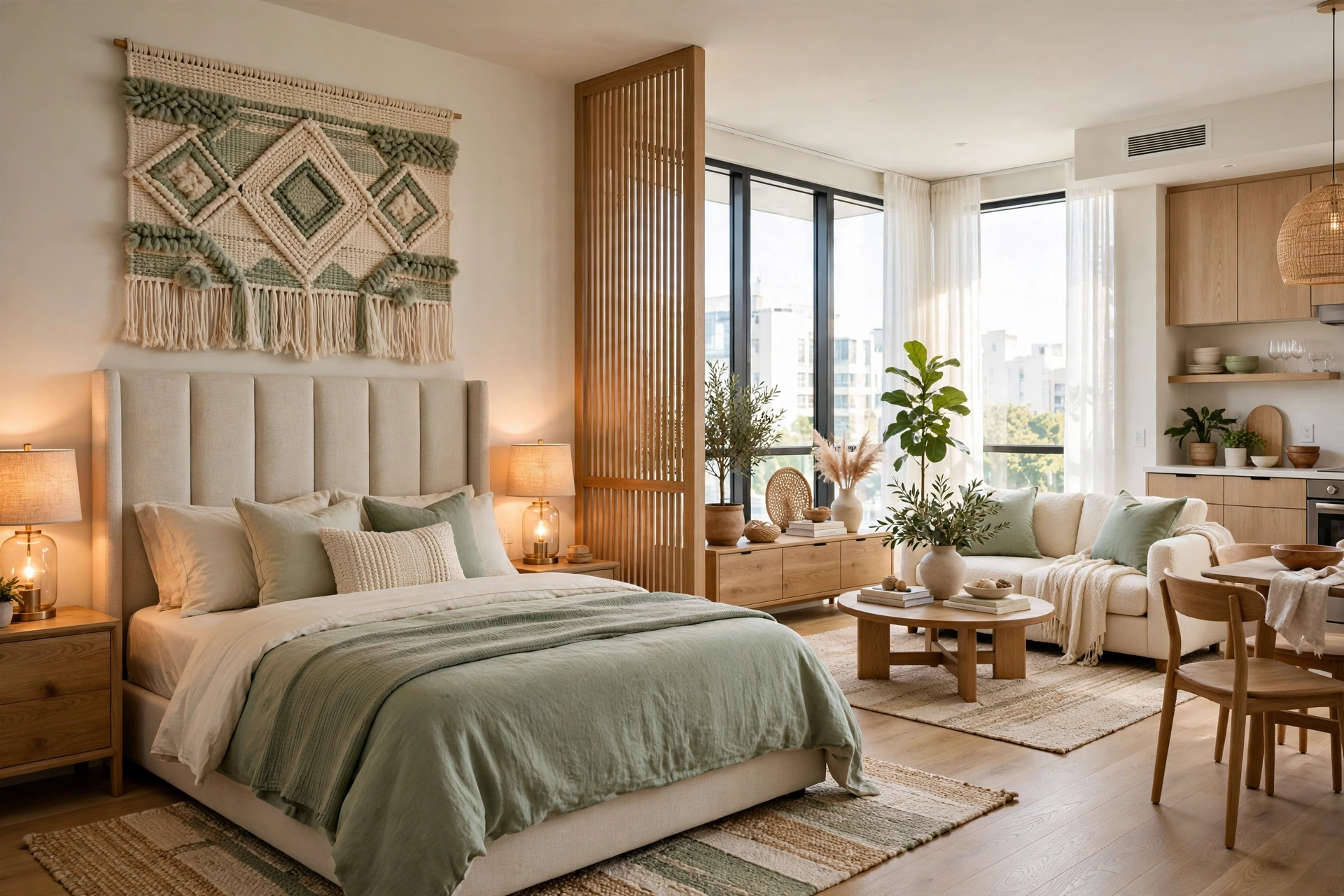 Well-defined sleep zone in a bright studio apartment: upholstered headboard, calm tonal bedding, warm bedside lamps, visually separate from living area, full room view