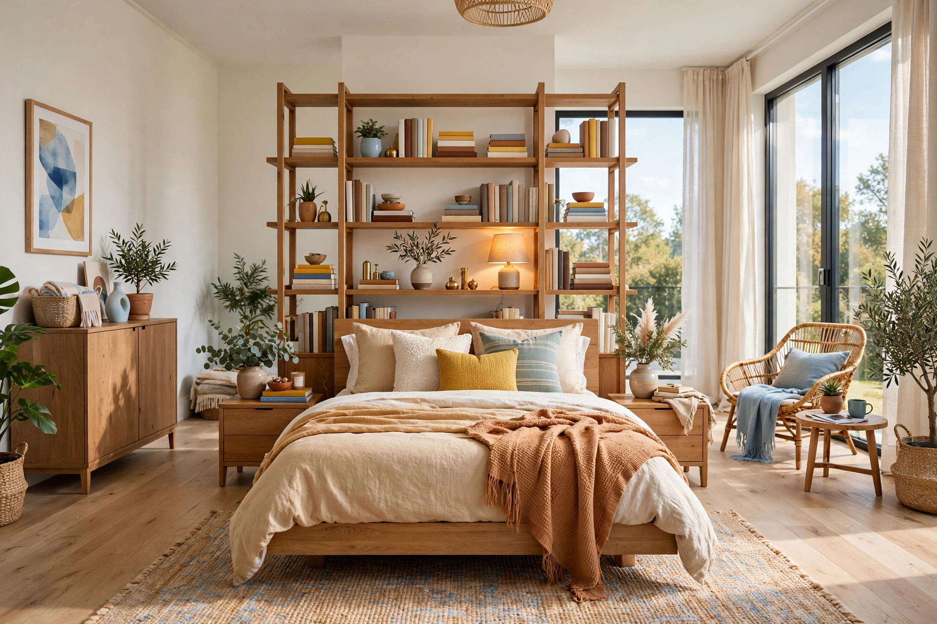 Bright bedroom with a freestanding headboard shelving unit behind the bed, wide wall-to-wall view