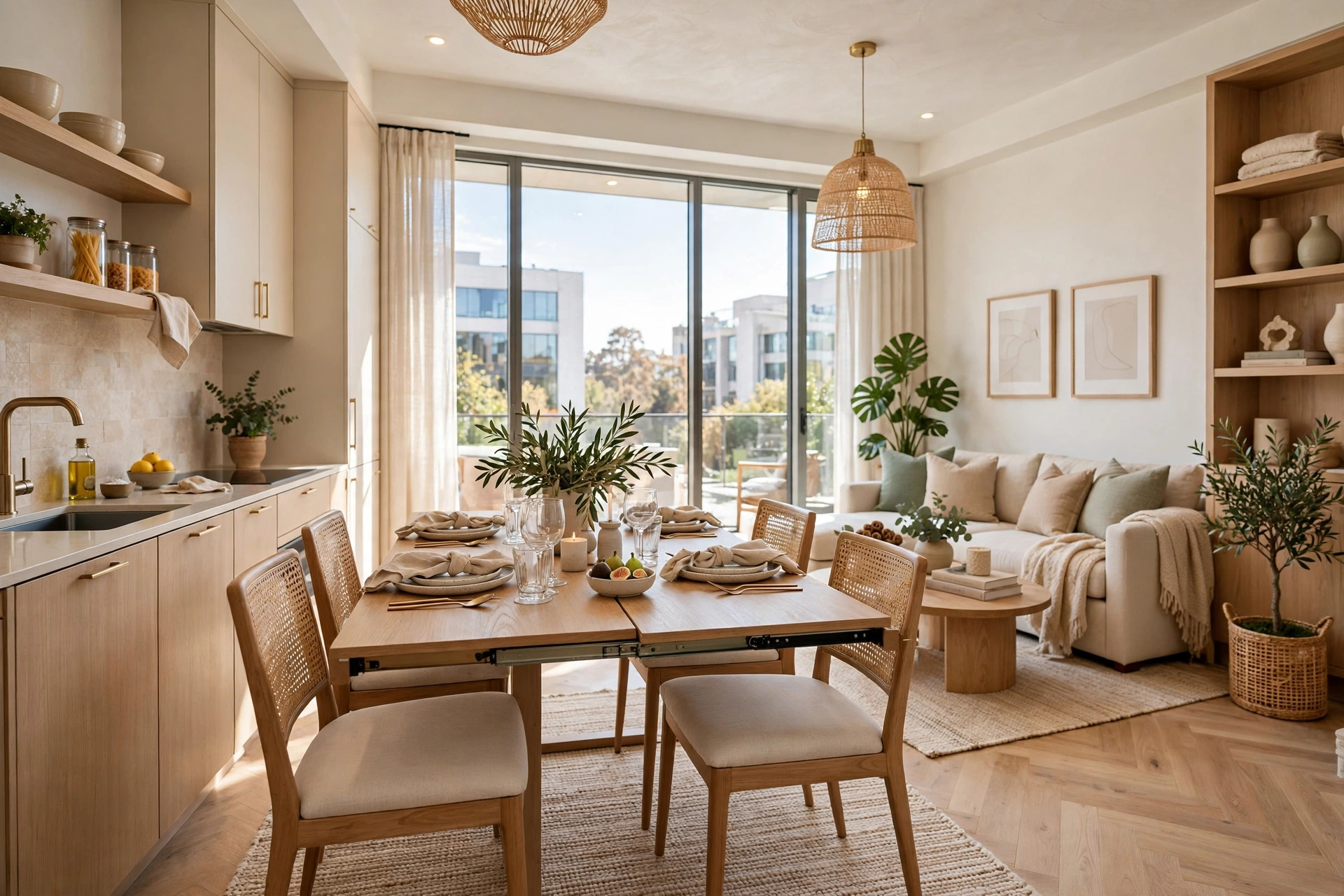 Bright studio apartment with a slim console table expanded into a full dining table with chairs, wide wall-to-wall view
