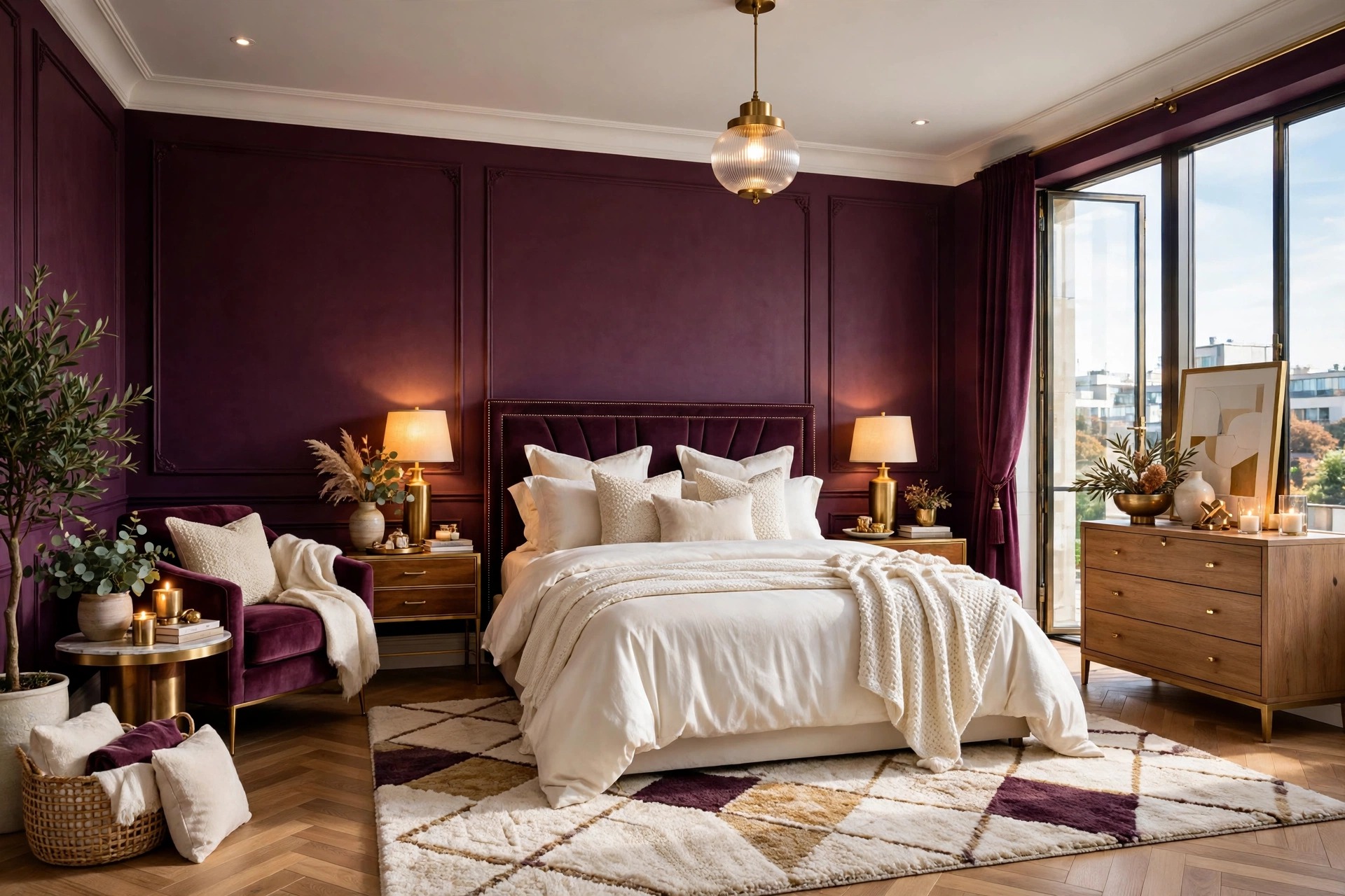 Moody plum bedroom with deep burgundy walls, ivory bedding, gold accents, warm lamps, luxurious, entire room visible