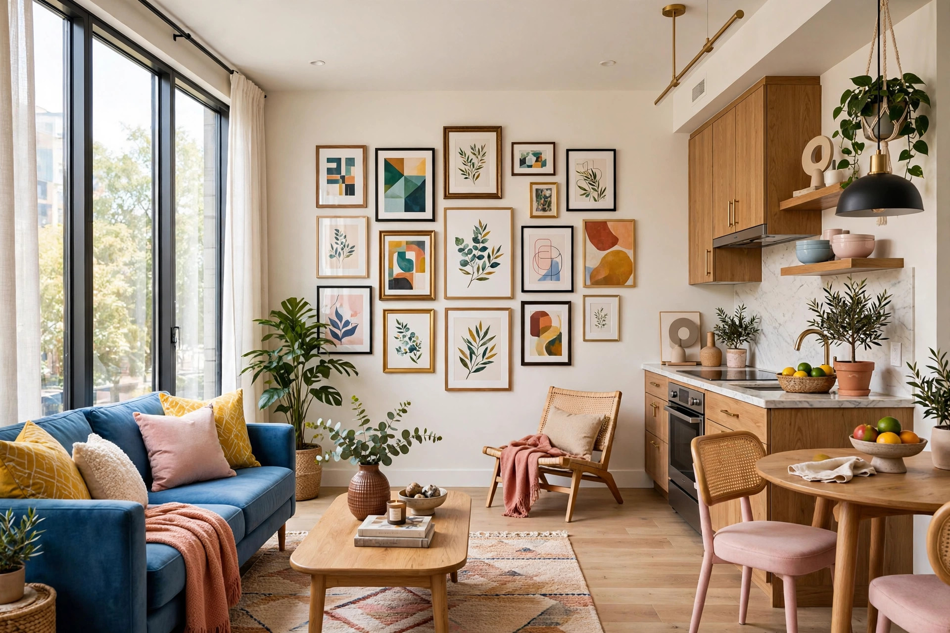 Curated gallery wall of framed art above a sofa in a bright studio apartment